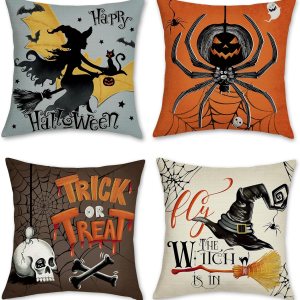 Bonhause Juego de 4 fundas de almohada de Halloween de 18 x 18 pulgadas, diseño de bruja y araña, cráneo, dulce o truco, almohadas decorativas para Bonhause Juego de 4 fundas de almohada de Halloween de 18 x 18 pulgadas, diseño de bruja y araña, cráneo, dulce o truco, almohadas decorativas para
