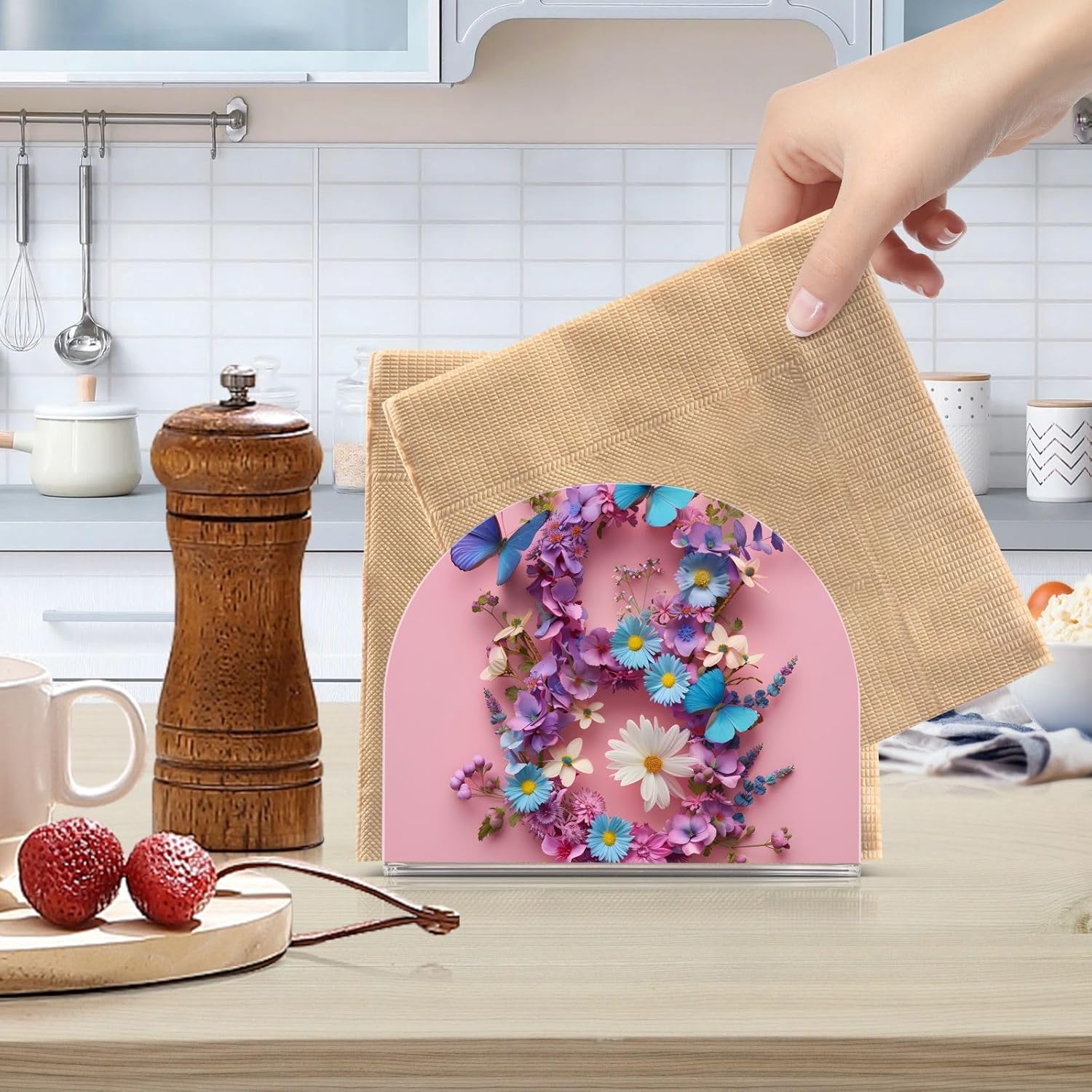 Napkin Holder 2 Pack, Mother’s Day Flowers and Butterflies Acrylic Napkin Holders for Tables, Upright Paper Napkin Holder Dispenser for Kitchen