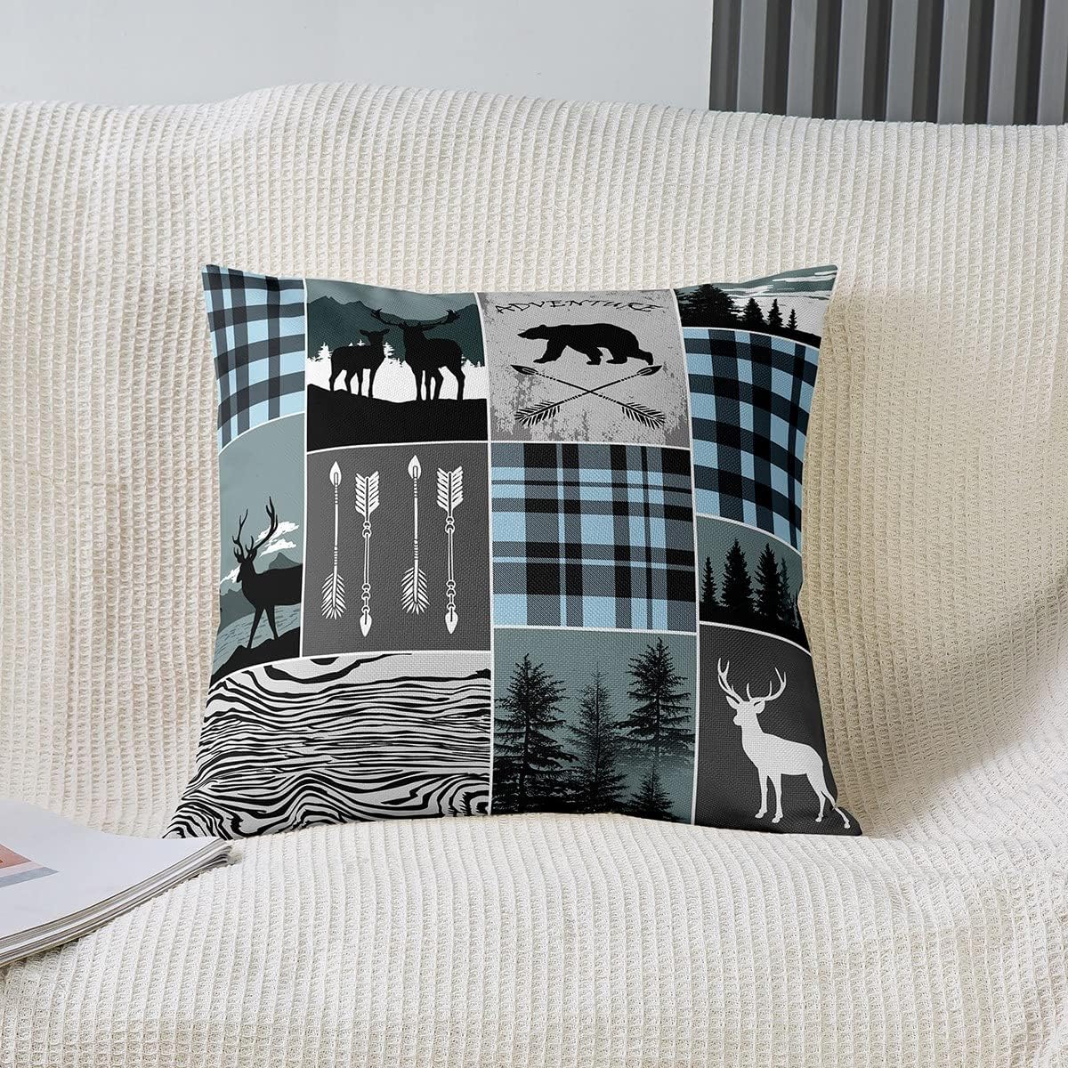 Juego de 2 fundas de almohada decorativas de granja rústica de 24 x 24 pulgadas, fundas de almohada de retazos de oso y alce, fundas de cojín de