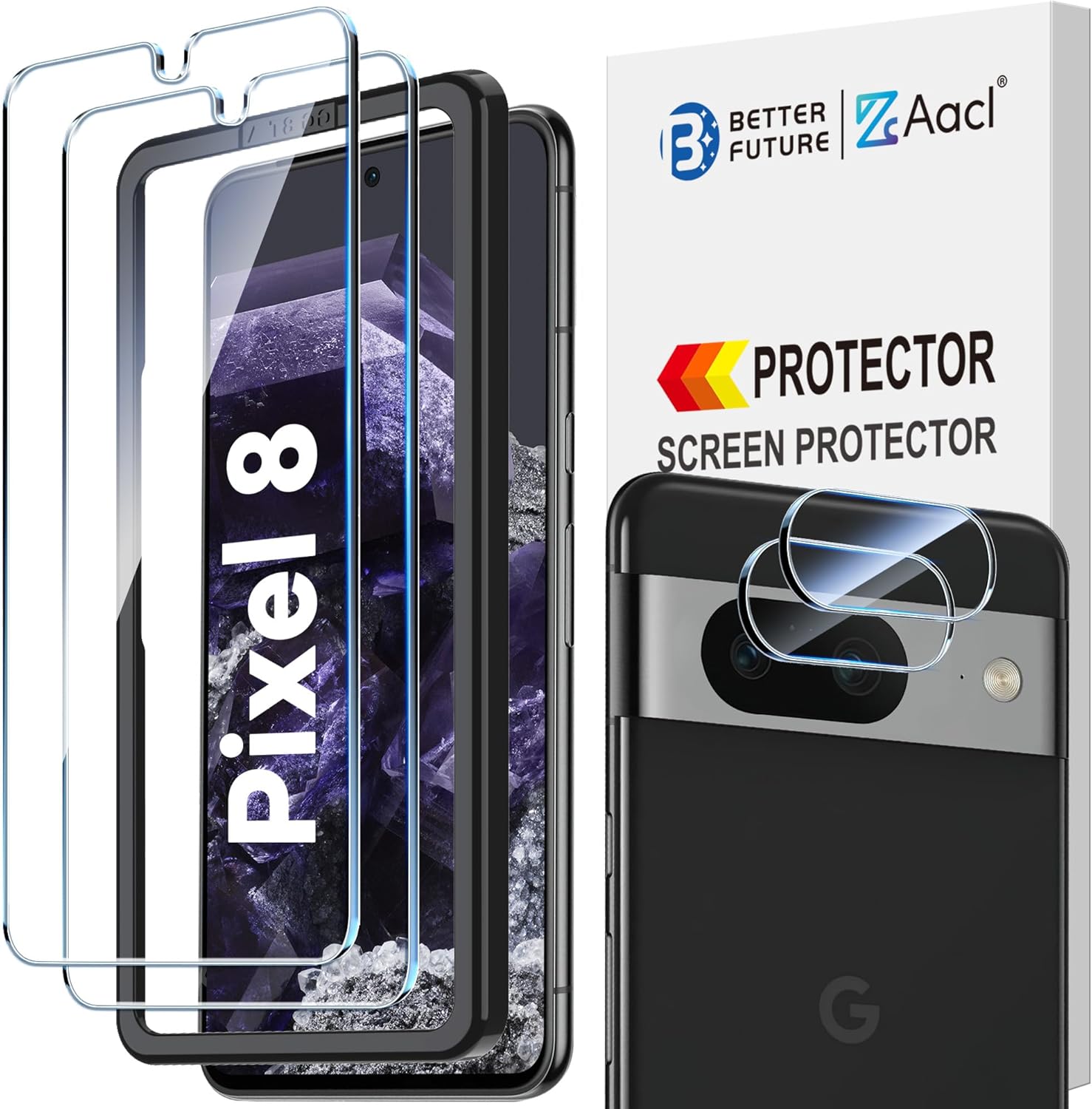 AACL 2-Pack Tempered Glass for Google Pixel 8 Screen Protector & 2-Pack Camera Lens Protector 9H Glass for Pixel 8 Screen Protector (6.2 inch), Easy