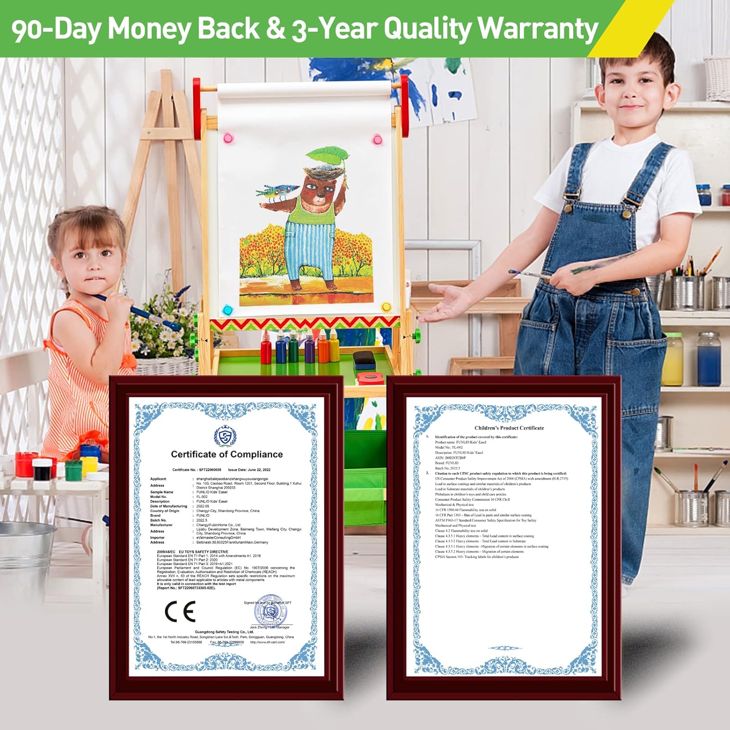 FUNLIO Caballete de arte para niños, 3 alturas ajustables para niños de 2 a 8 años, caballete para niños pequeños con rollo de papel, pizarra