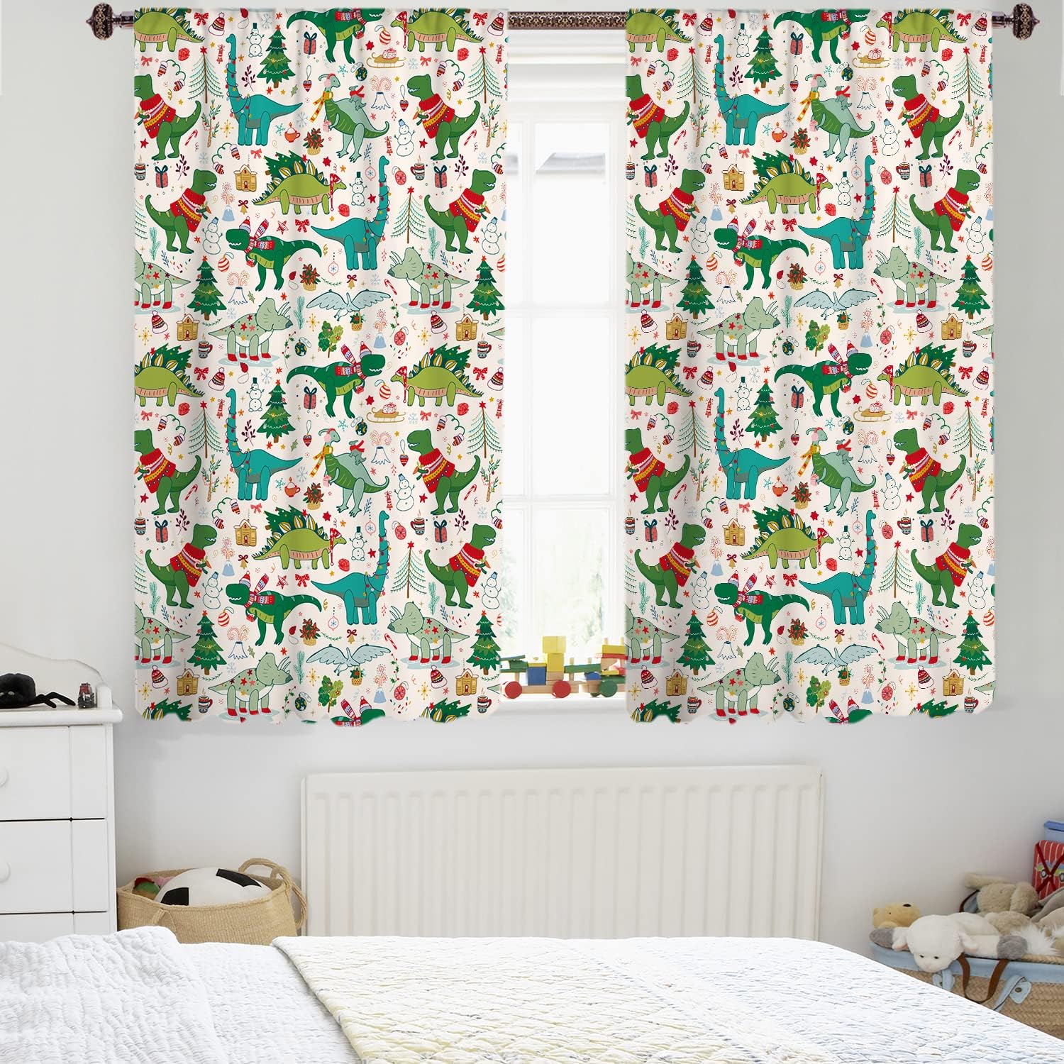 Sevendec Cortinas de dinosaurio de Navidad de dibujos animados para habitación de niños, bonito patrón de Navidad, paneles de cortina para ventana,