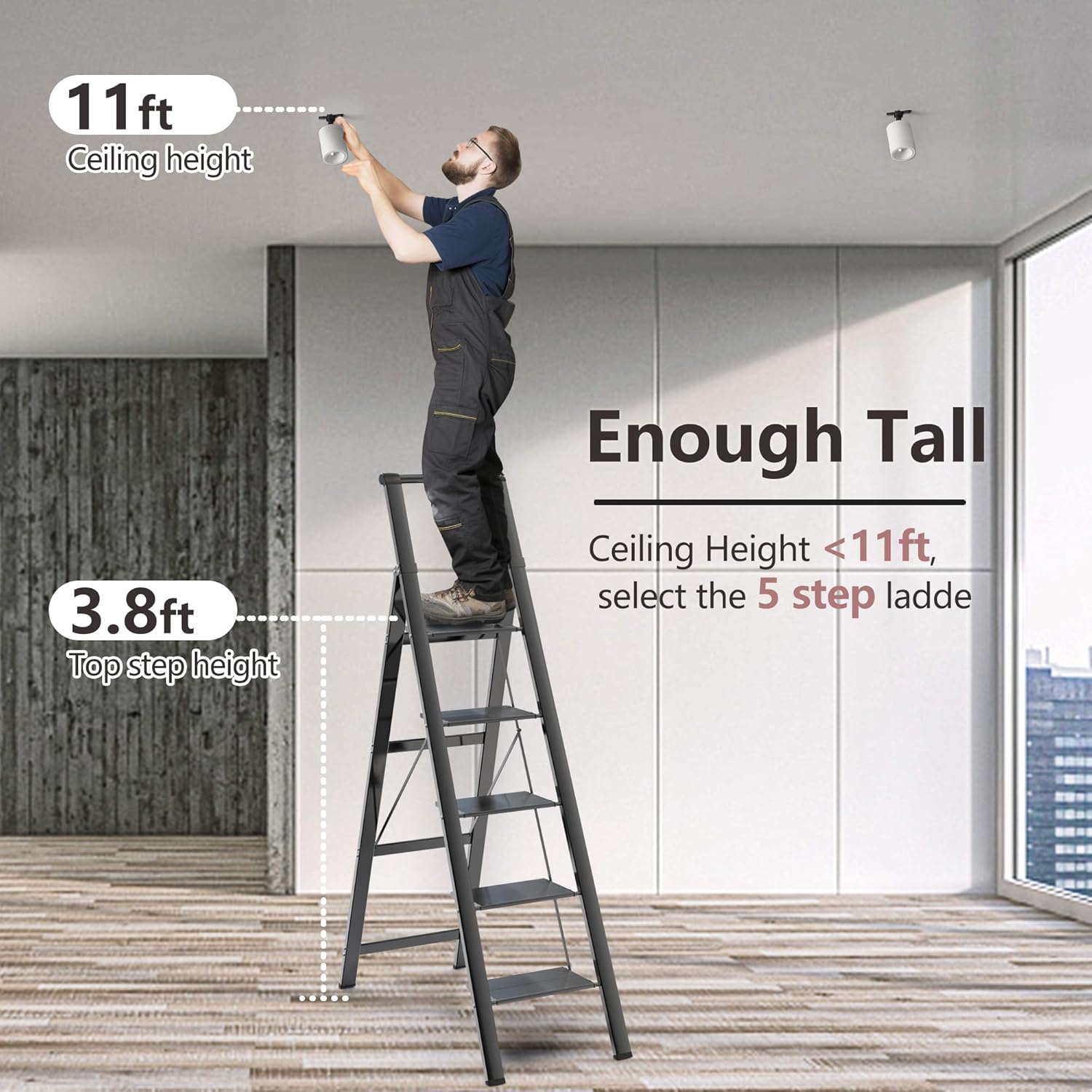 GameGem Escalera plegable de aluminio ligero de 5 escalones con pedal antideslizante y ancho para uso en el hogar y la cocina, ahorro de espacio