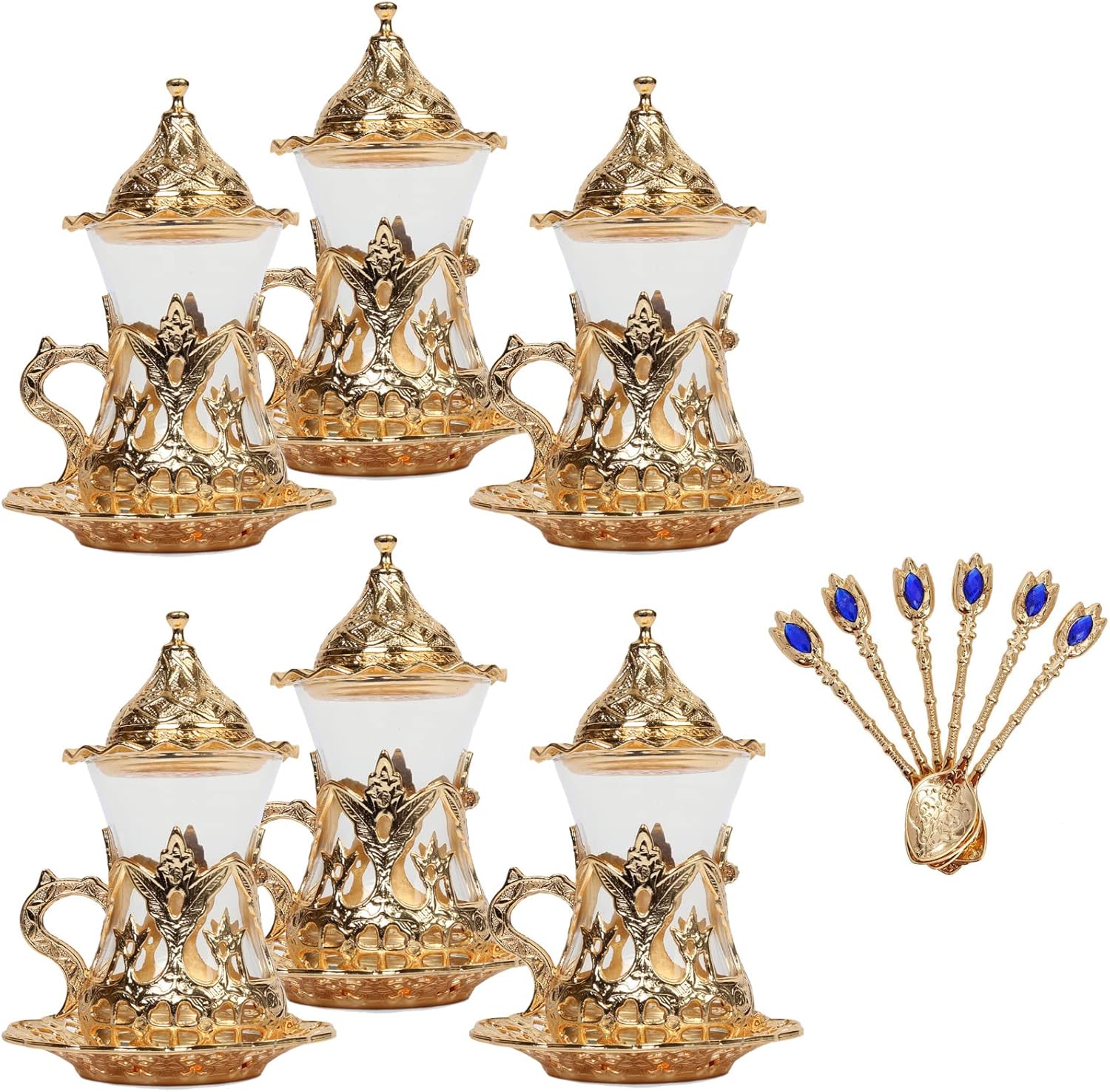 Alisveristime Juego de 6 vasos de té turco hechos a mano con platillo de agua Zamzam (dorado)