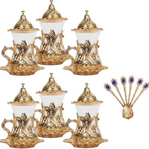Alisveristime Juego de 6 vasos de té turco hechos a mano con platillo de agua Zamzam (dorado) Alisveristime Juego de 6 vasos de té turco hechos a mano con platillo de agua Zamzam (dorado)