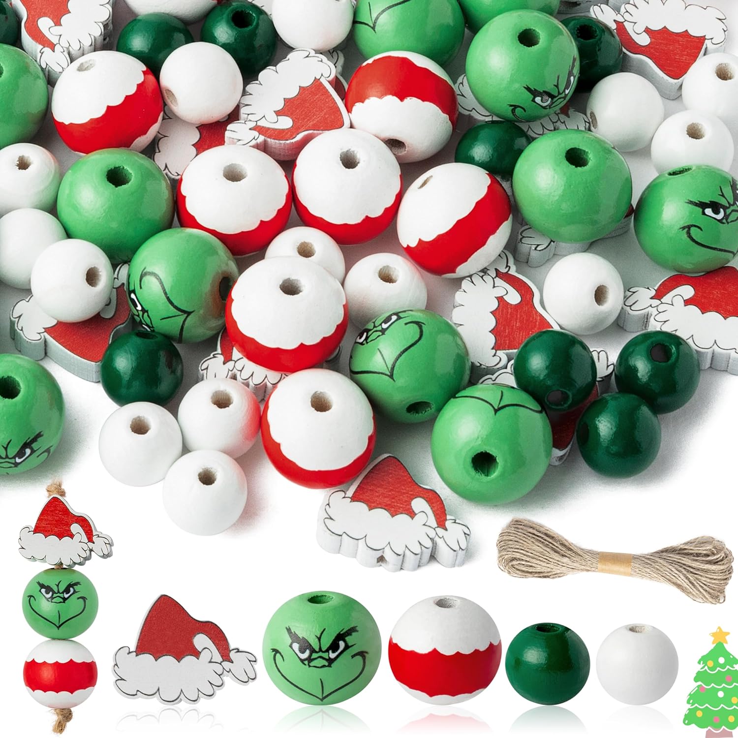 Eartim 121 cuentas de madera de Navidad, rojo y verde, sombrero de Papá Noel, cuentas redondas rústicas de madera de granja con cordel de 65.6 pies,