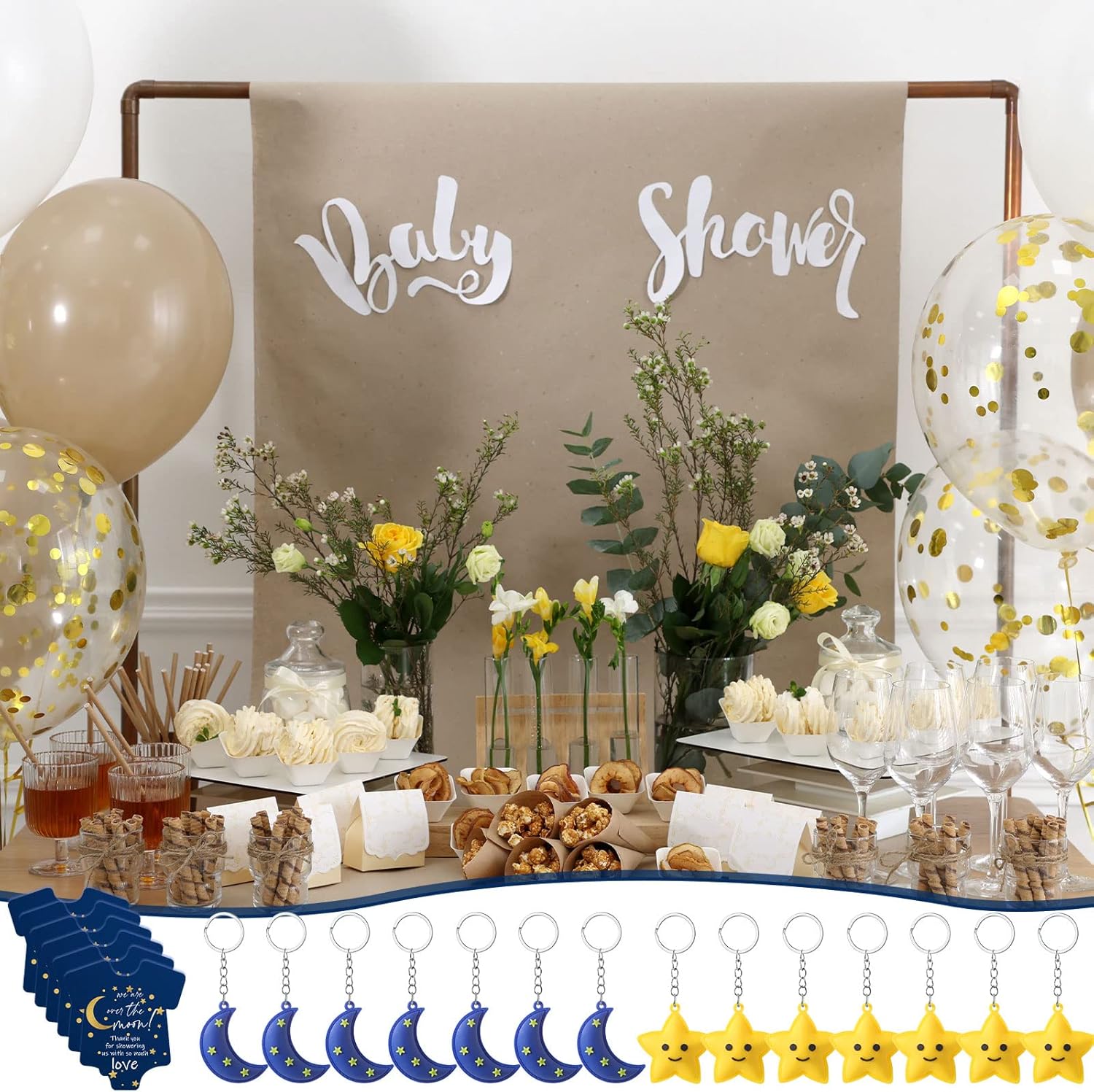 Huquary Llavero de decoración de baby shower, regalo de baby shower, estrella pequeña, para invitados, luna y estrella, tarjetas de agradecimiento,