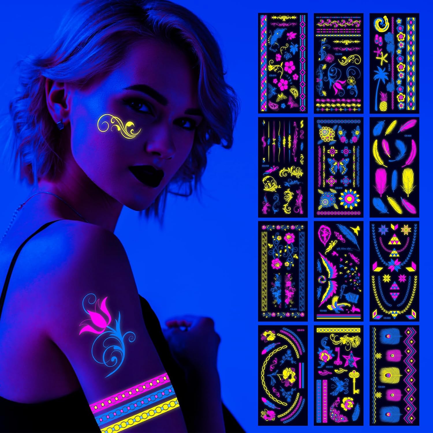 12 tatuajes temporales que brillan en la oscuridad de tamaño grande  Adhesivos fluorescentes fluorescentes de neón para adultos con purpurina