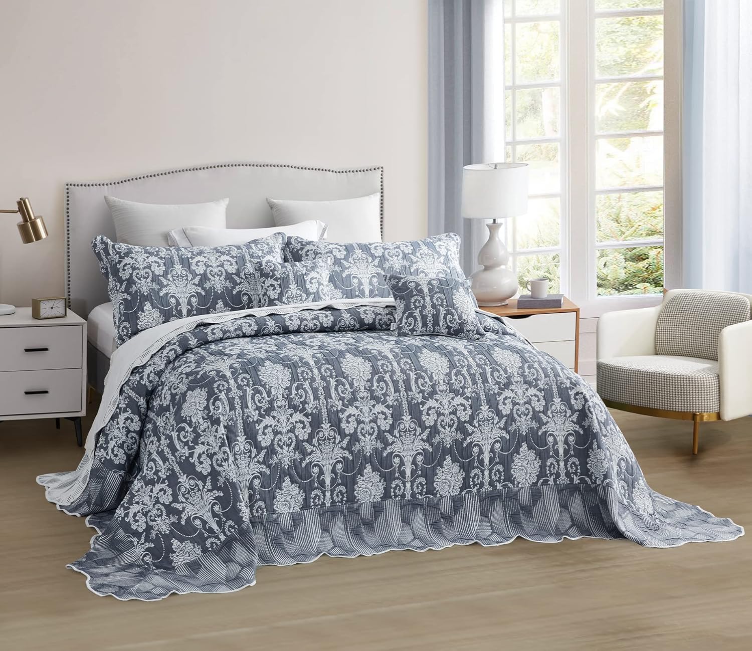 Colcha extragrande tamaño King, color azul, 138 x 122 pulgadas, extra ancha, diseño de damasco jacquard matelasse, ligera, reversible, 5 piezas,