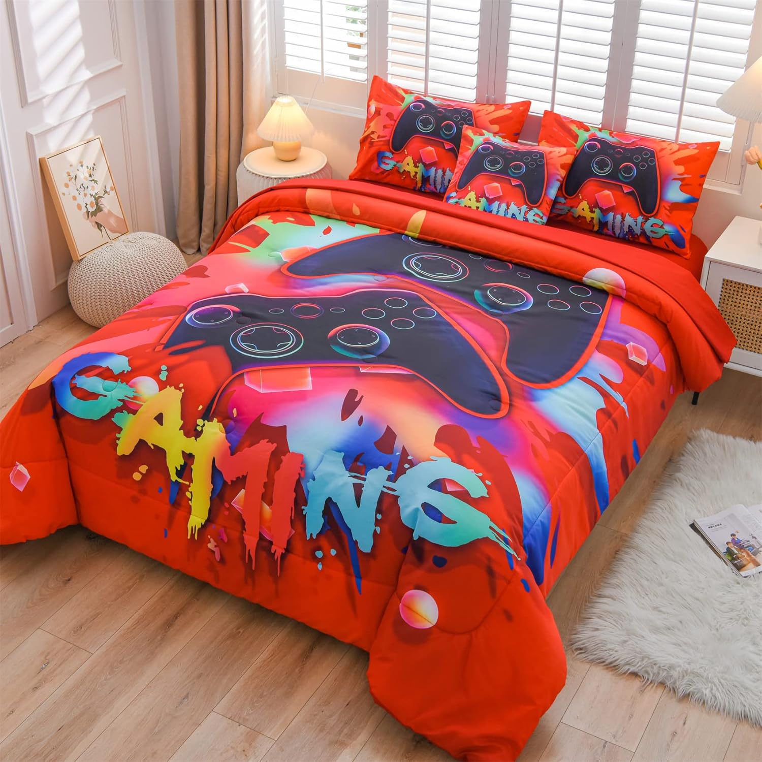 Aimuan Juego de ropa de cama con estampado de consola de videojuegos en 3D para niños, consola de juegos, botones de acción, controlador de juegos