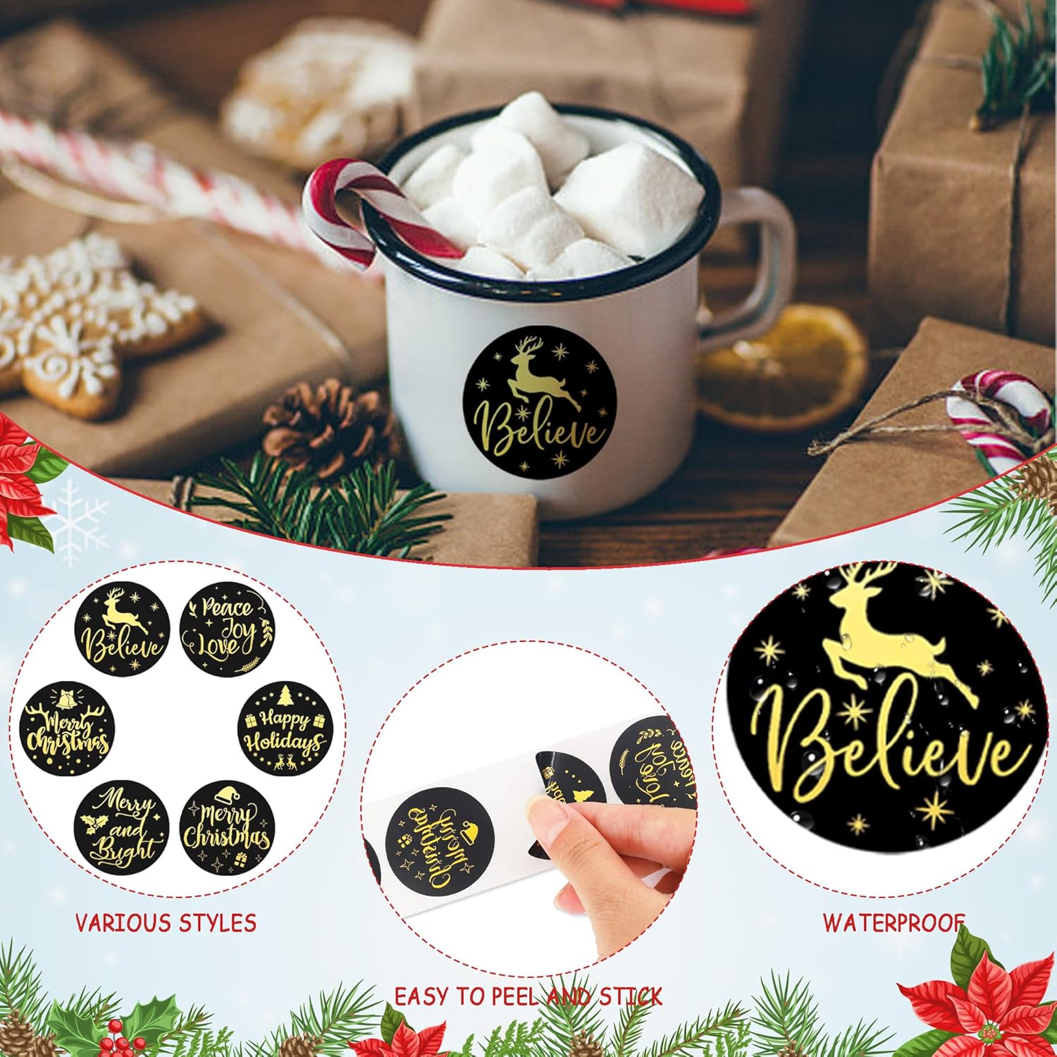 600 calcomanías de Feliz Navidad, calcomanías de sello de Navidad, calcomanías de rollo de sobres, etiquetas redondas negras y doradas, calcomanías