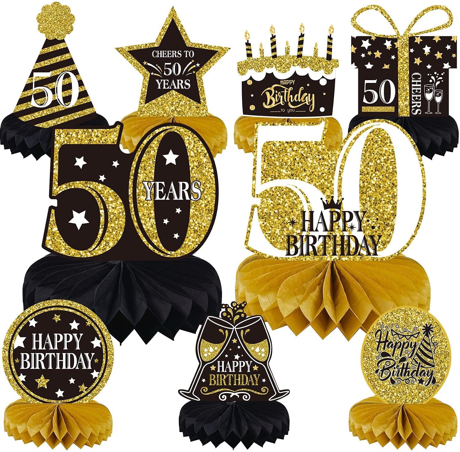 9 piezas de decoración de 50 cumpleaños para 50 años de cumpleaños centros de mesa para decoraciones de mesas, saludos a 50 de panal de abeja para