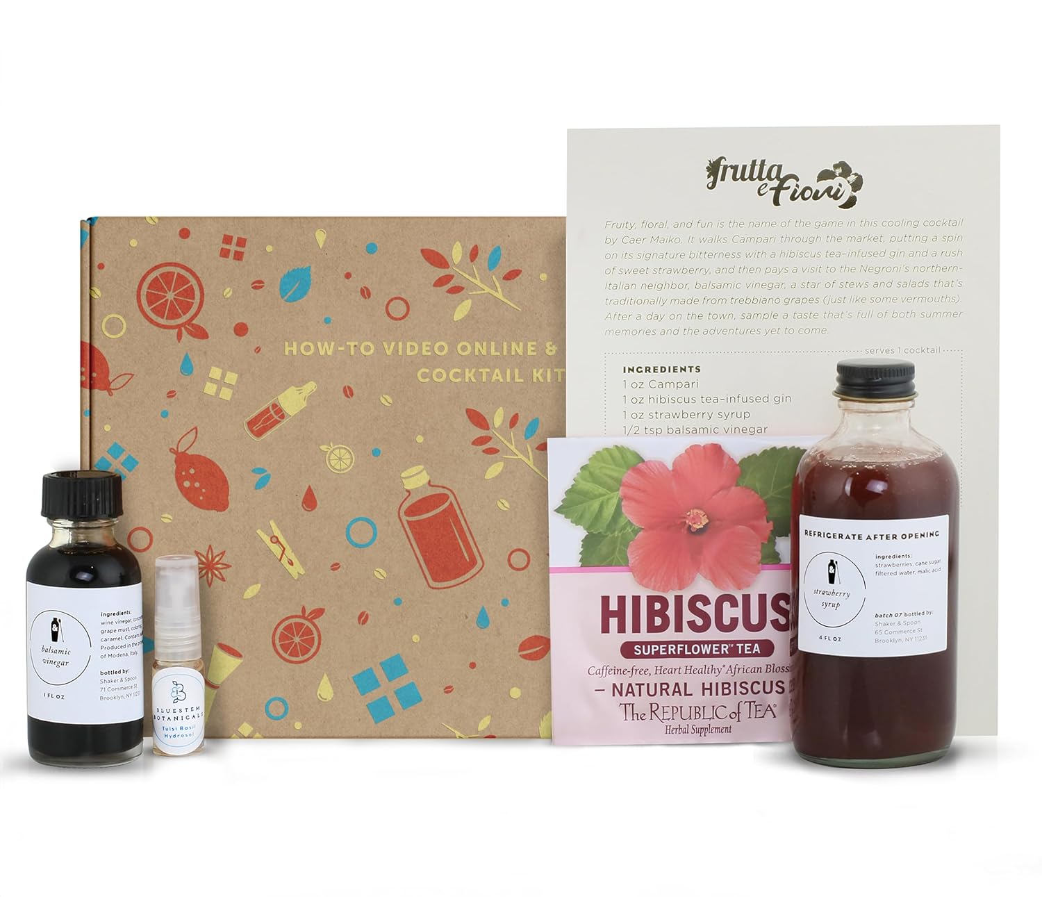 Shaker & Spoon Juego de regalo de kit de cóctel de fresa balsámico negroni, kit de camarero casero con jarabe de cóctel vegano, tarjeta de receta de