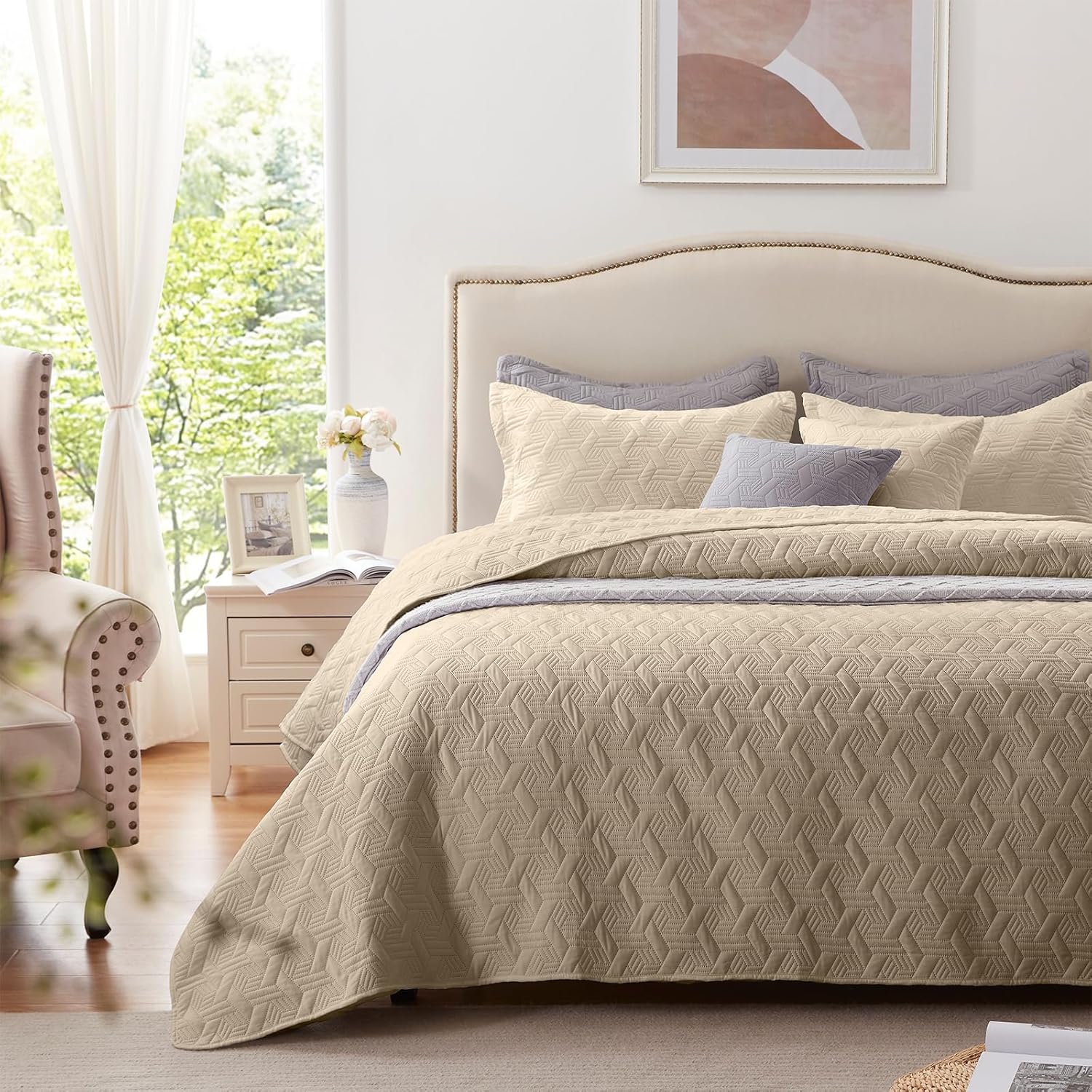 Juego de edredón de 3 piezas tamaño California King, colcha ligera de color beige de 118 x 106 pulgadas, edredón de verano de microfibra suave,