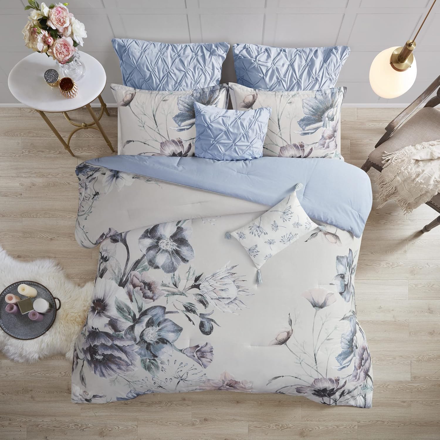 Madison Park Cassandra – Juego de edredón de mezcla de algodón, diseño femenino estampado floral colorido, capa de ropa de cama alternativa para