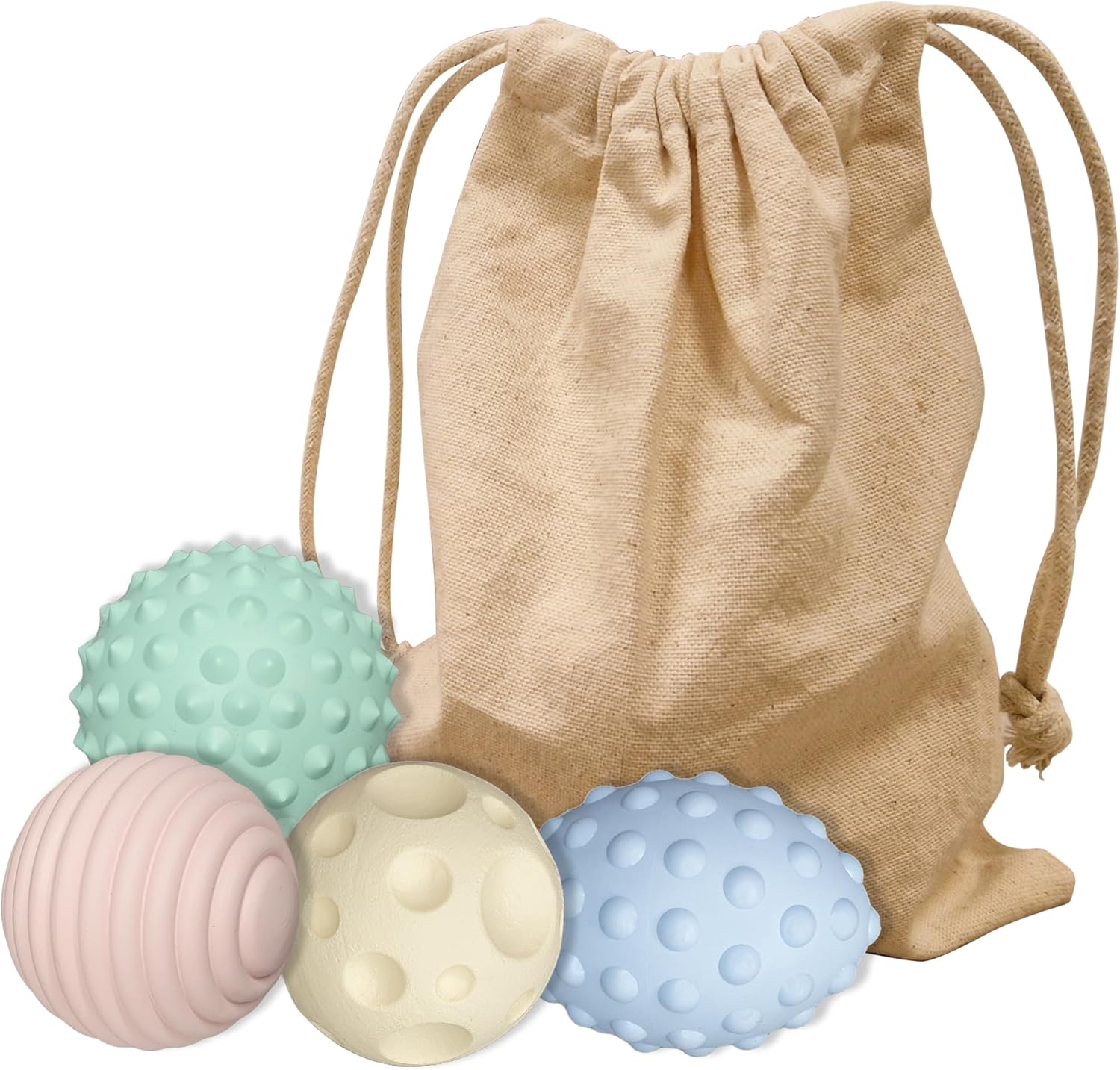 GERARDO’S Toys My First Sensory – Juego de 4 bolas sensoriales con bolsa de lino, formas de superficie suave, texturizada, sensaciones táctiles,