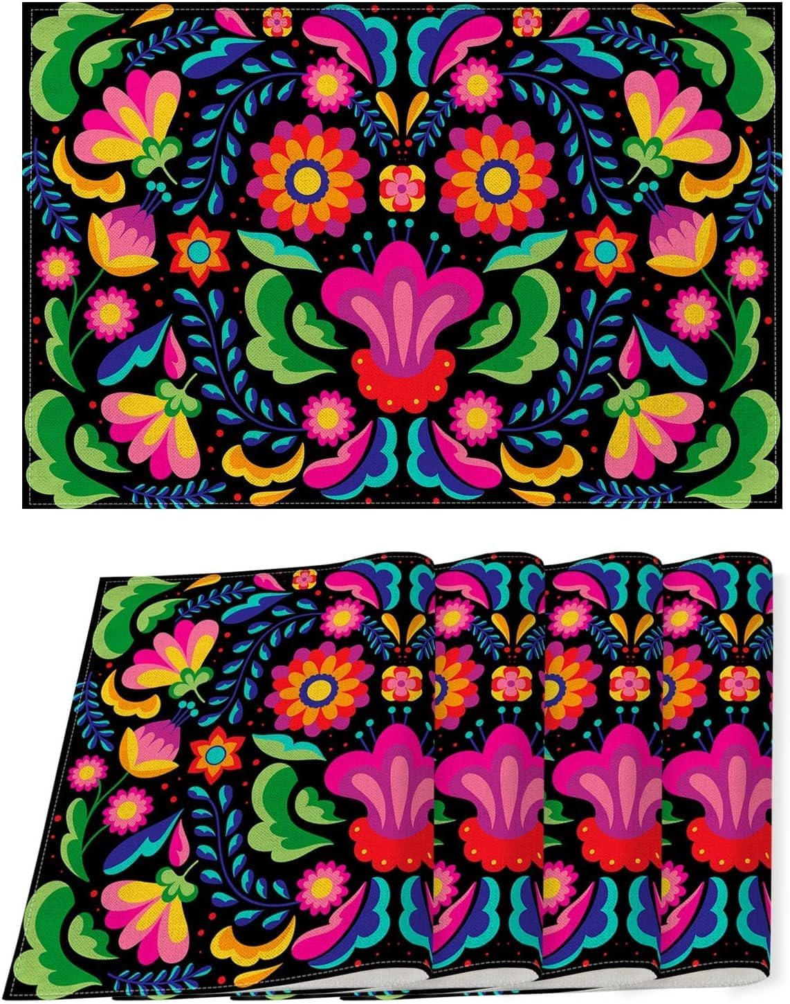Nepnuser Juego de 4 manteles individuales mexicanos florales para decoración de fiesta del Cinco de Mayo, manteles individuales para decoración del