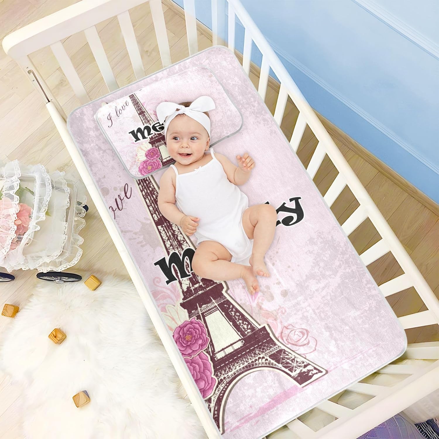 Custom Pink Roses Eiffel Tower Crib Mattress Protector Pad for Boys Girls Baby Ice Silk Mat Bed Playard Playpen Sheets Cooling Mattress Topper for