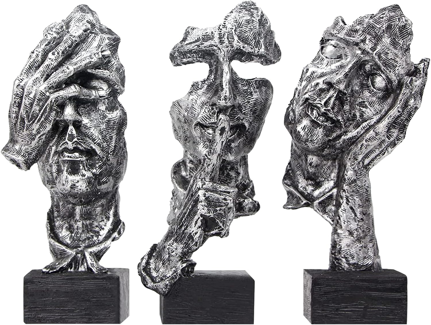 aboxoo 3 piezas de estatua de pensador, Silence is Gold – Figura de arte abstracto, no escuchar, no ver, no hablar, esculturas modernas de resina