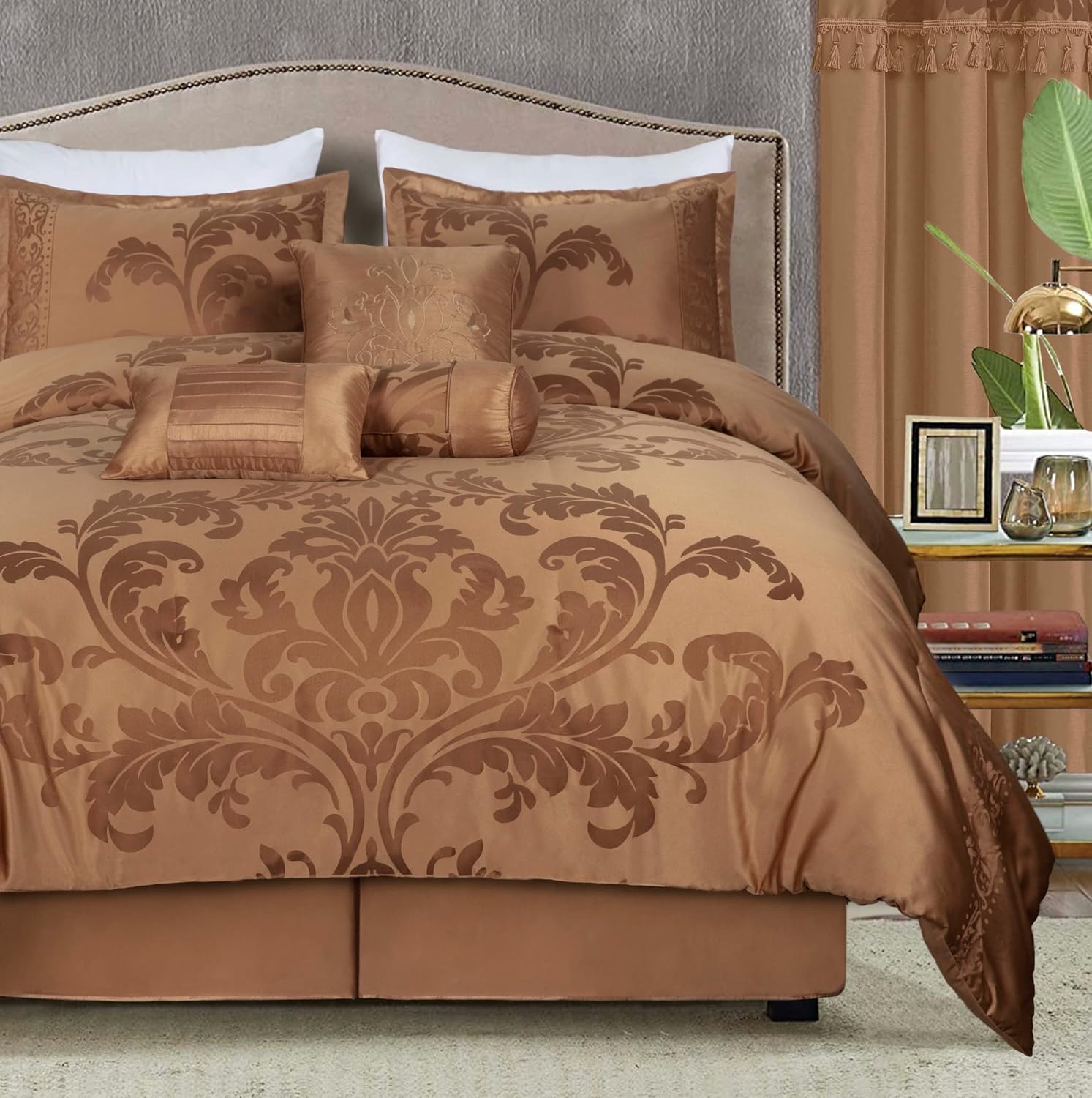 Chezmoi Collection – Juego de edredón jacquard de diseño floral, set de 7 piezas (California King, color rosa lisérgicogris topo)