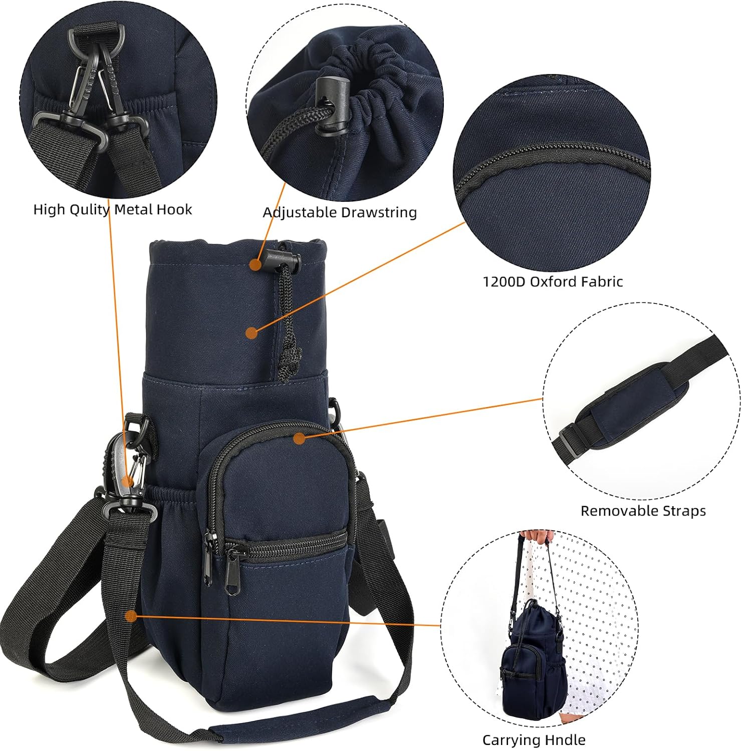 Valleycomfy Soporte para botella de agua con correa ajustable para el hombro de 32 onzas, 40 onzas, bolsa aislada para botella de agua con bolsillo