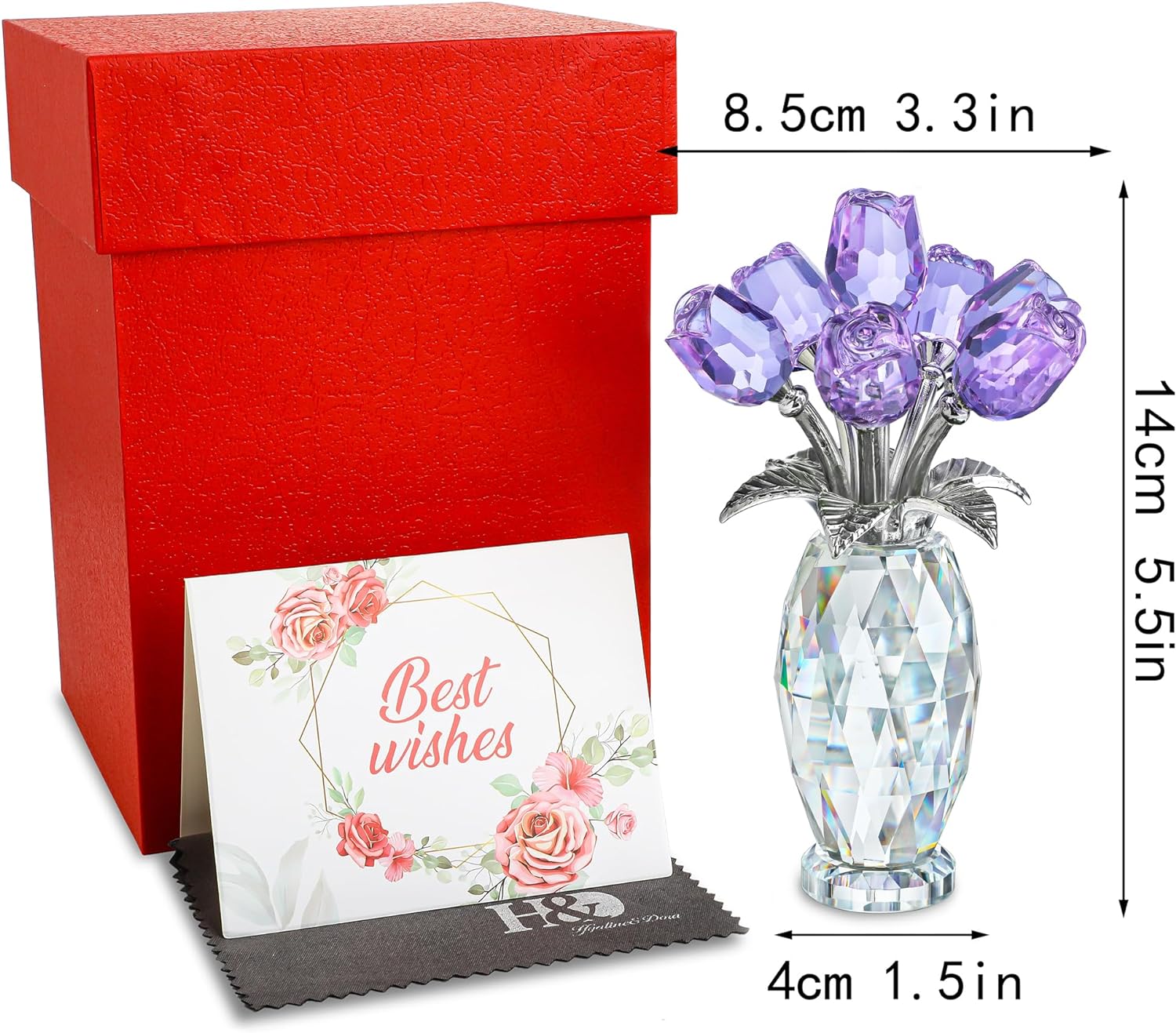 H&D HYALINE & DORA Figura de flores moradas de cristal, regalos de rosas para mamá, esposa, abuela, adorno coleccionable de flores de cristal, Día