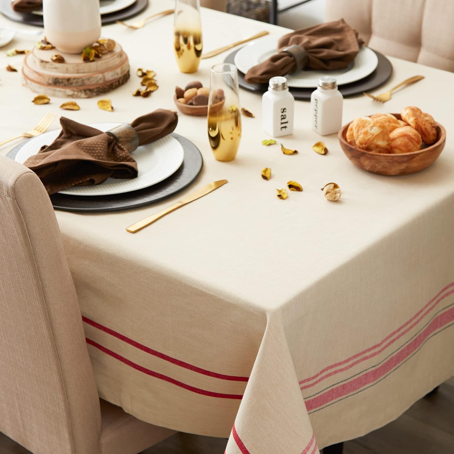 DII – Mantel para mesa de comedor, estilo rústico, colección de manteles con rayas estilo francés, 60 x 84 pulgadas, color gris pardorojo.