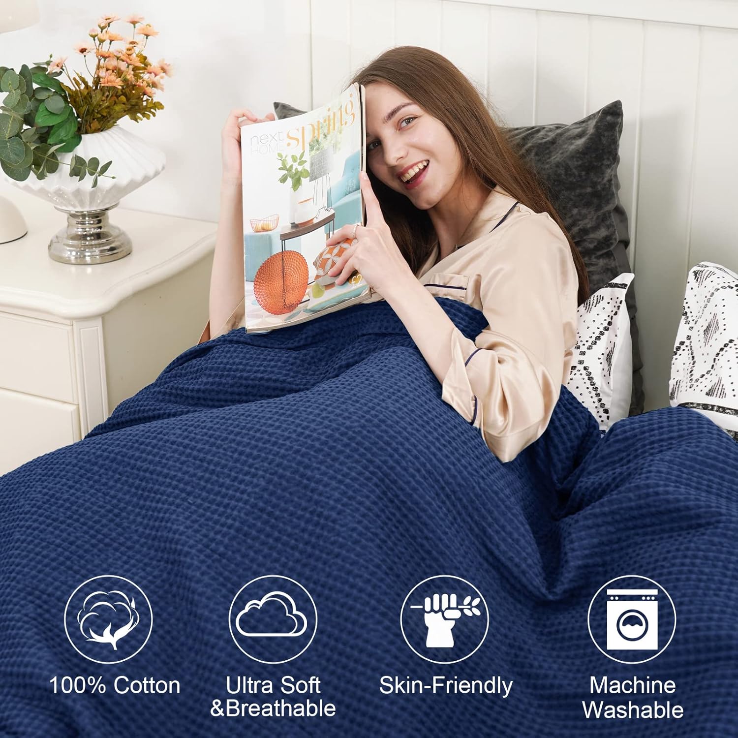 PHF – Manta 100% algodón tejido gofre tamaño Queen 90 x 90 pulgadas, manta suave y transpirable prelavada para todas las estaciones, capa perfecta