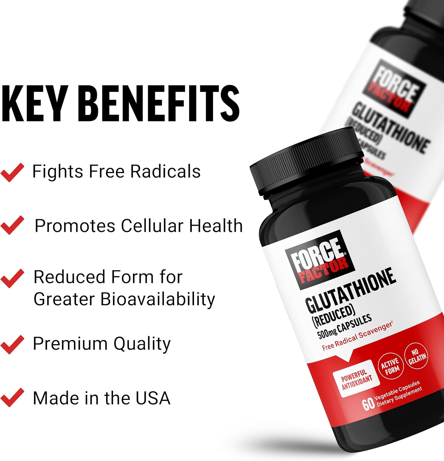FORCE FACTOR Suplemento de glutatión, suplemento antioxidante con glutatión reducido de 500 mg para una absorción y eficacia superiores, forma