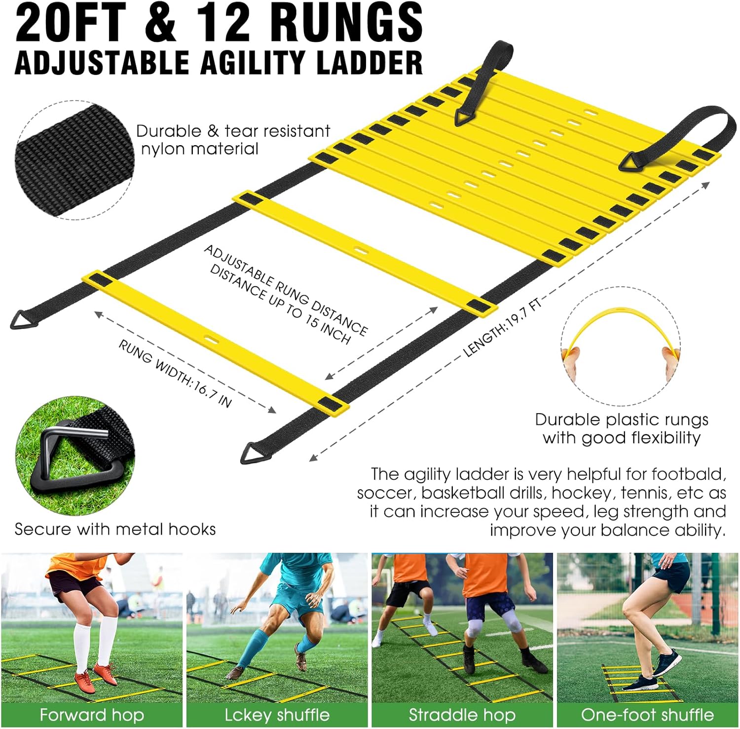 Juego de equipos de entrenamiento de velocidad de agilidad, escalera de agilidad de 20 pies, 14 conos de fútbol, pelota de fútbol tamaño 4,