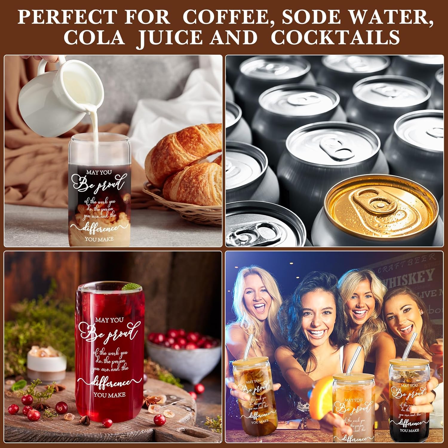 Juego de 12 vasos de vidrio de agradecimiento para empleados, regalos de agradecimiento para compañeros de trabajo, vasos de vidrio de 16 onzas con