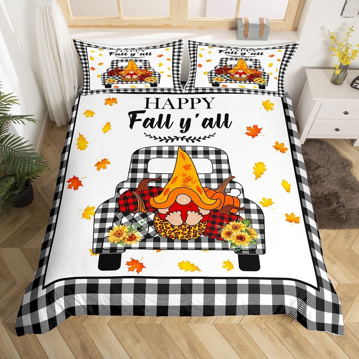 Manfei Juego de funda de edredón de gnomo de otoño, tamaño King, funda de edredón de calabaza a cuadros de leopardo con 2 fundas de almohada, juego