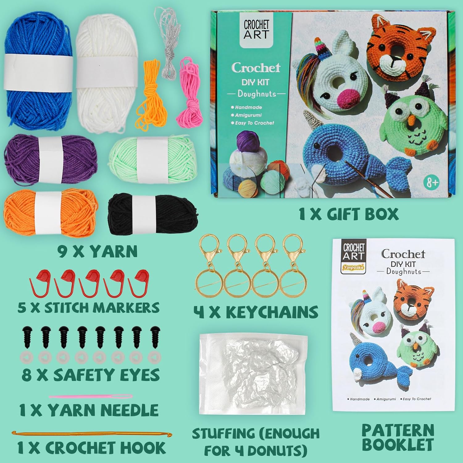 Yanpoake Kit de ganchillo para adultos y niños, 4 piezas de donas de ganchillo para principiantes, kit de amigurumi fácil de aprender a ganchillo