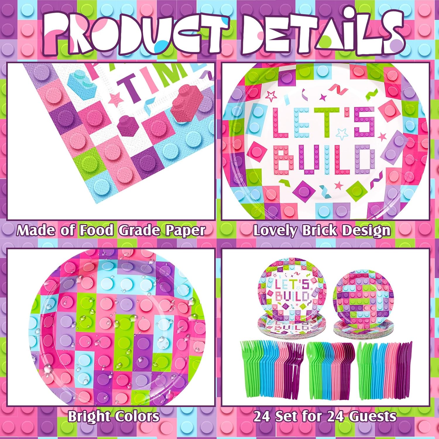 Gejoy 96 piezas de suministros para fiesta de cumpleaños de bloques de construcción, incluye platos de fiesta de ladrillo de 7 pulgadas y 9
