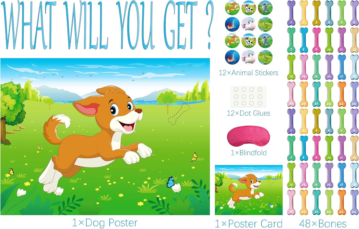 Morcheiong Juego de fiesta de cumpleaños Pin The Tail on The Dog con 48 huesos, dale al cachorro un juego de huesos para niños, decoración de fiesta