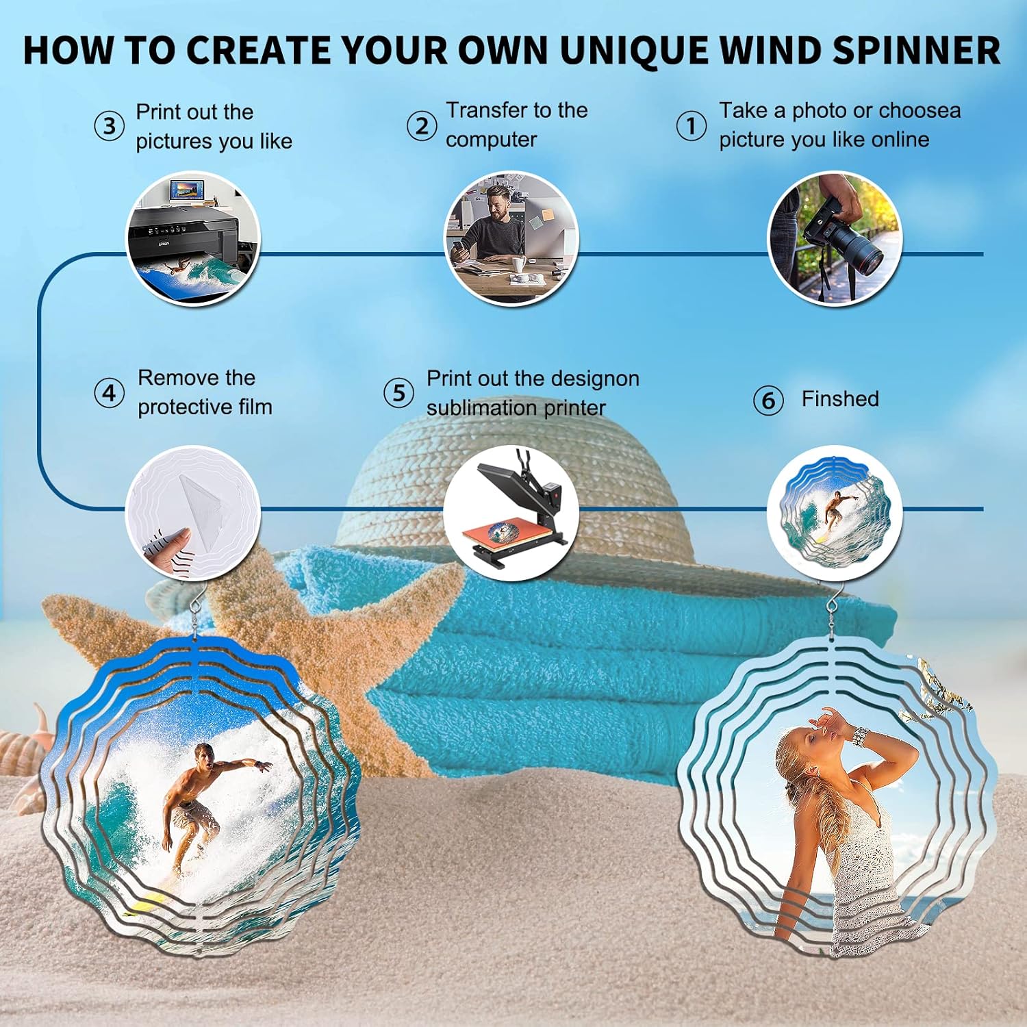 Paquete de 10 unidades de 8 pulgadas de sublimación de viento giratorias, escultura cinética de aluminio 3D alimentada por viento, molduras de