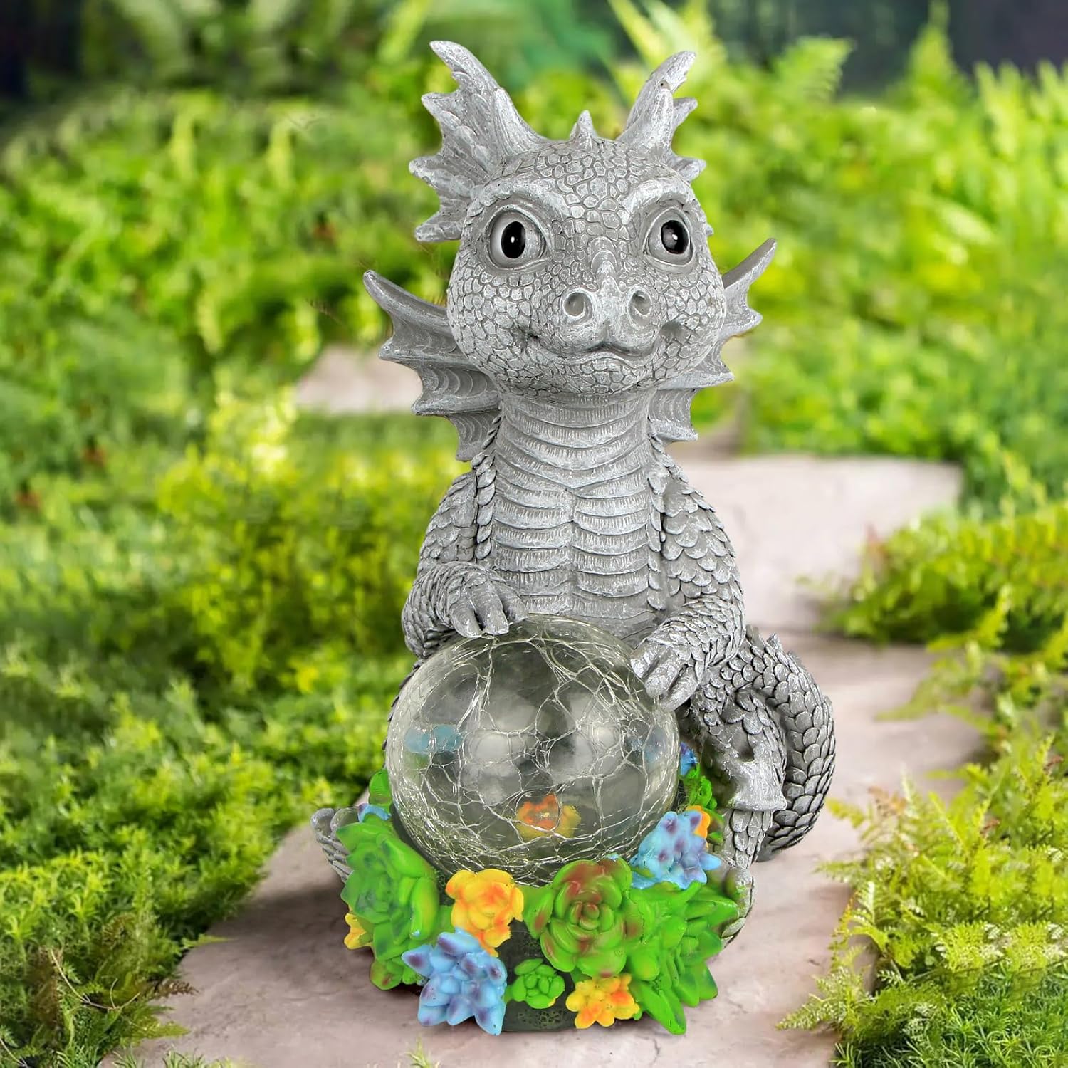 Estatuas solares de jardín al aire libre, dragón sosteniendo orbe mágico con luces LED solares, decoración de césped al aire libre para patio,