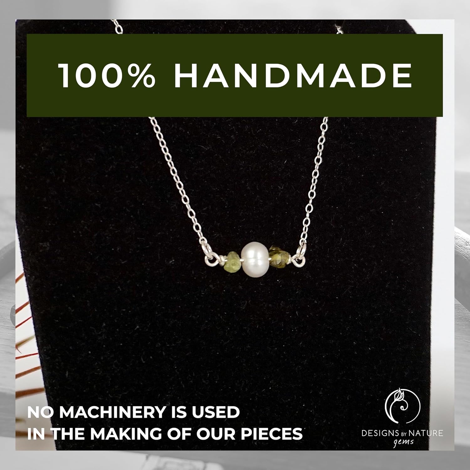 Designs by Nature Gems Handmade Womens Peridot & Pearl Charm Necklace 20-22 inch Adjustable Chain Sterling Silver, August & June Birthstone