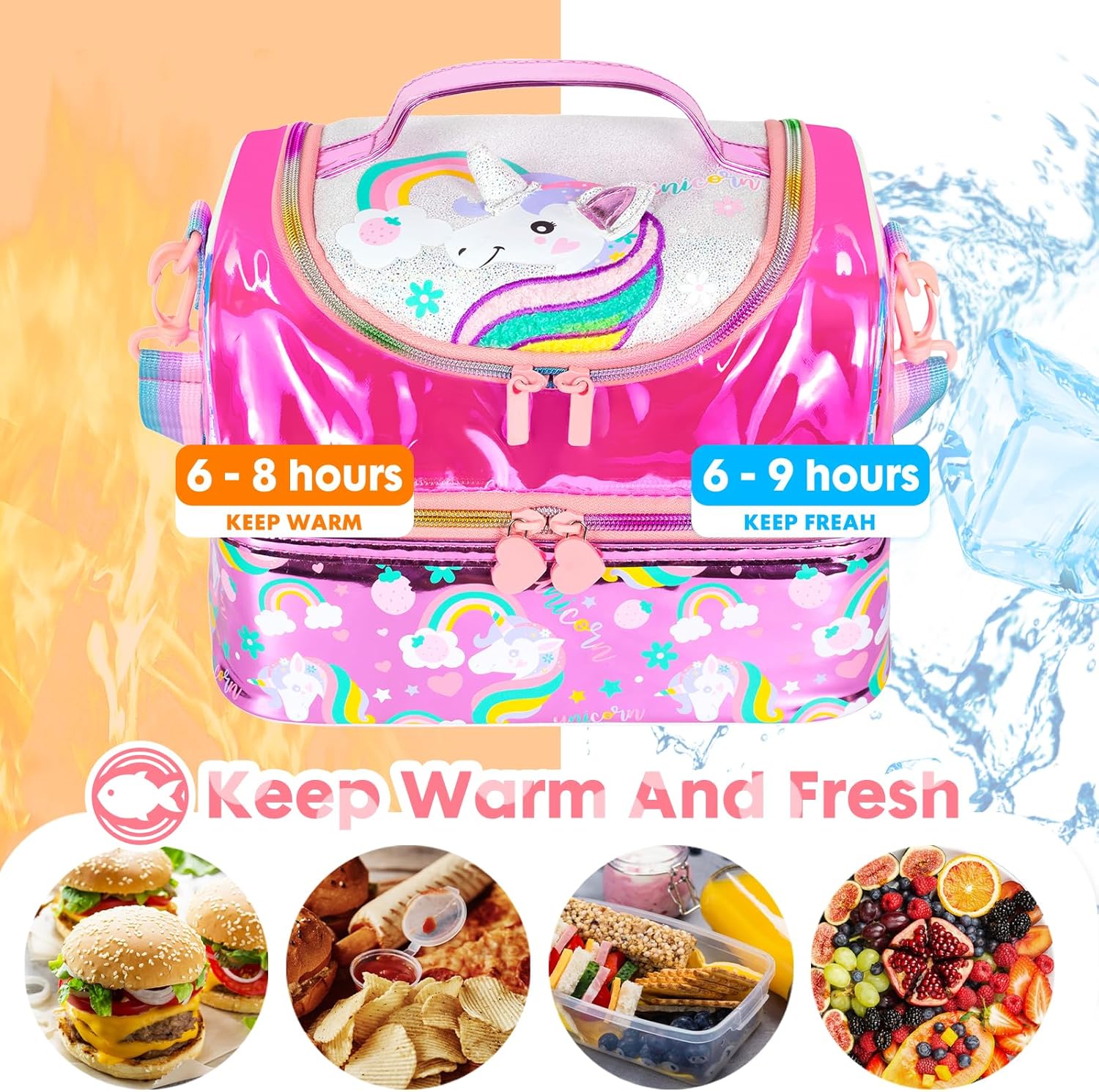 YOYTOO Bolsa de almuerzo aislada de dos pisos para niños, niñas, hombres, mujeres, con correa ajustable, unicornio
