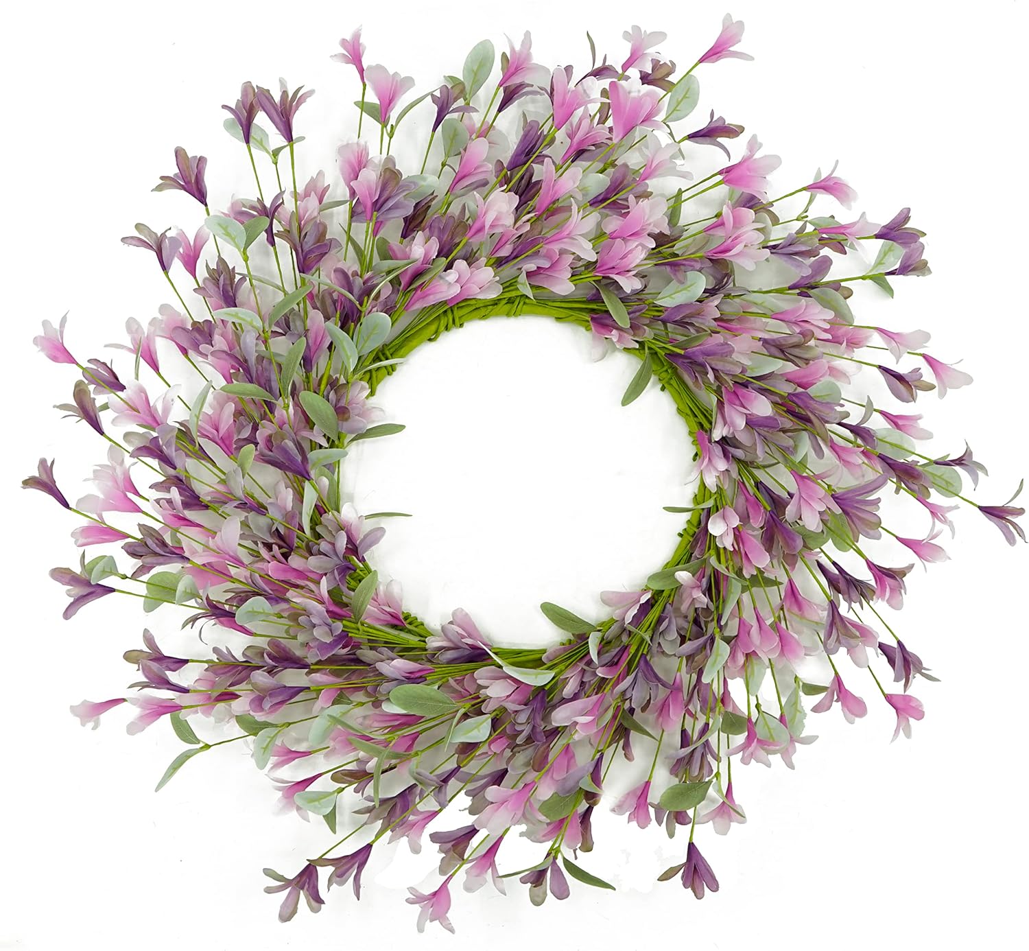Corona de flores artificiales de Forsythia de 20 pulgadas, corona de primavera y verano para puerta delantera, con hojas de eucalipto para puerta