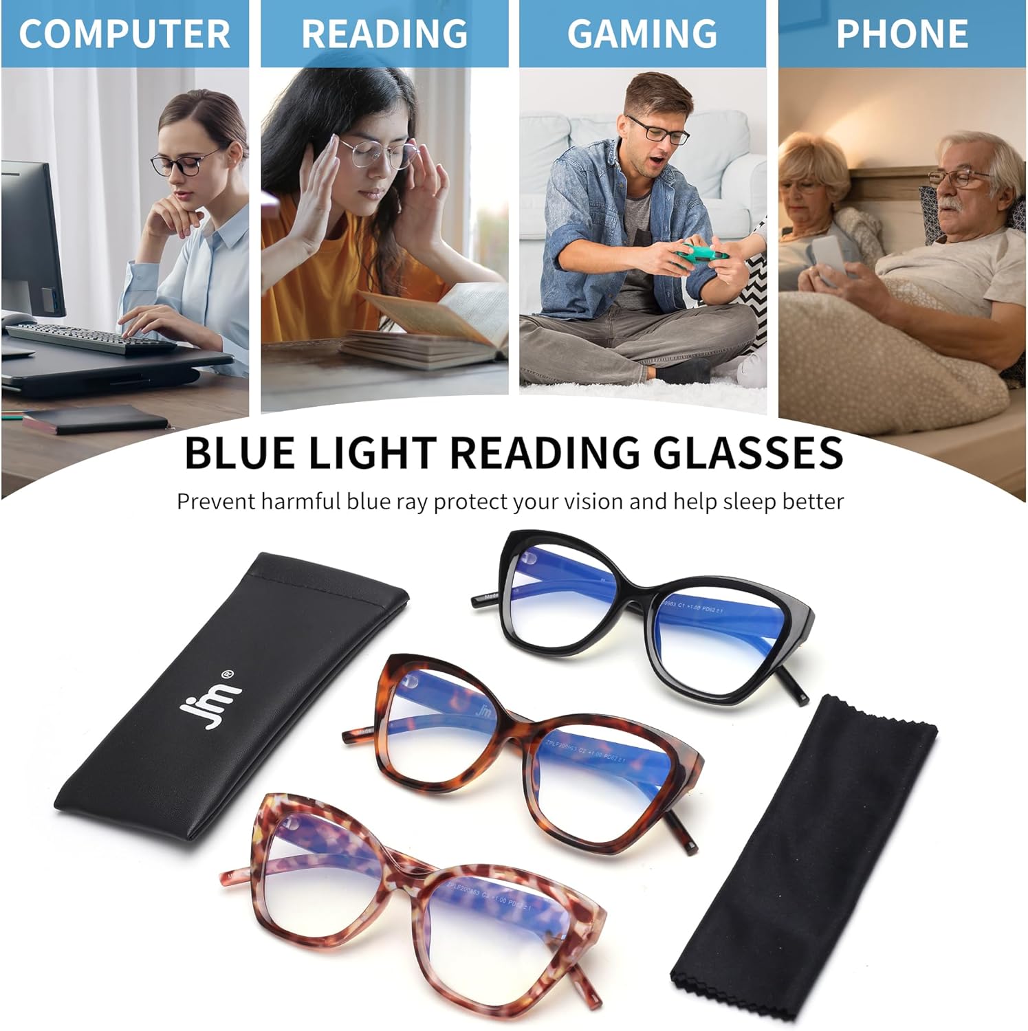 JM Paquete de 3 lentes de lectura de ojo de gato de gran tamaño para mujer, estilo Oprah moderno con bloqueo de luz azul