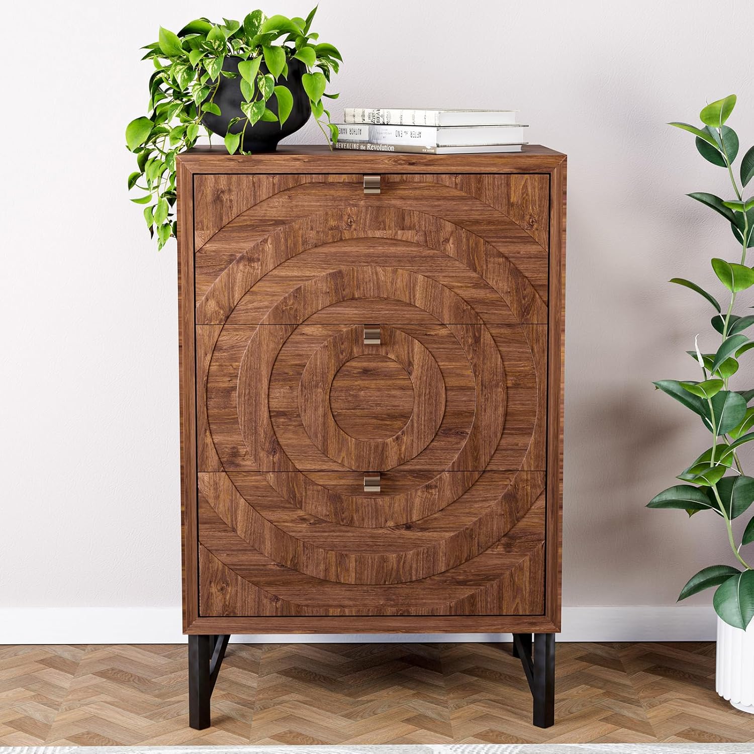 HOMPUS Mesa auxiliar de 3 cajones con acabado de grano de madera, para sala de estar y dormitorio