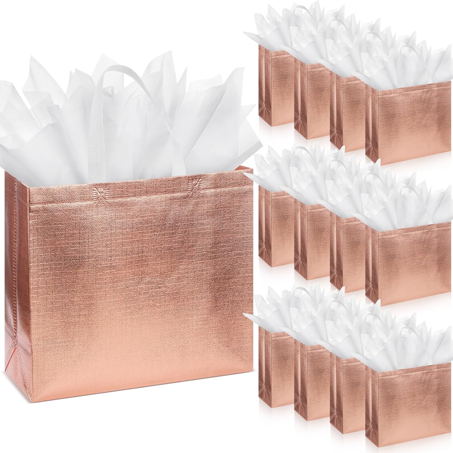 Sweetude 50 bolsas de regalo reutilizables con asas, bolsas de regalo de comestibles con papel de seda con purpurina, bolsas de compras para regalo