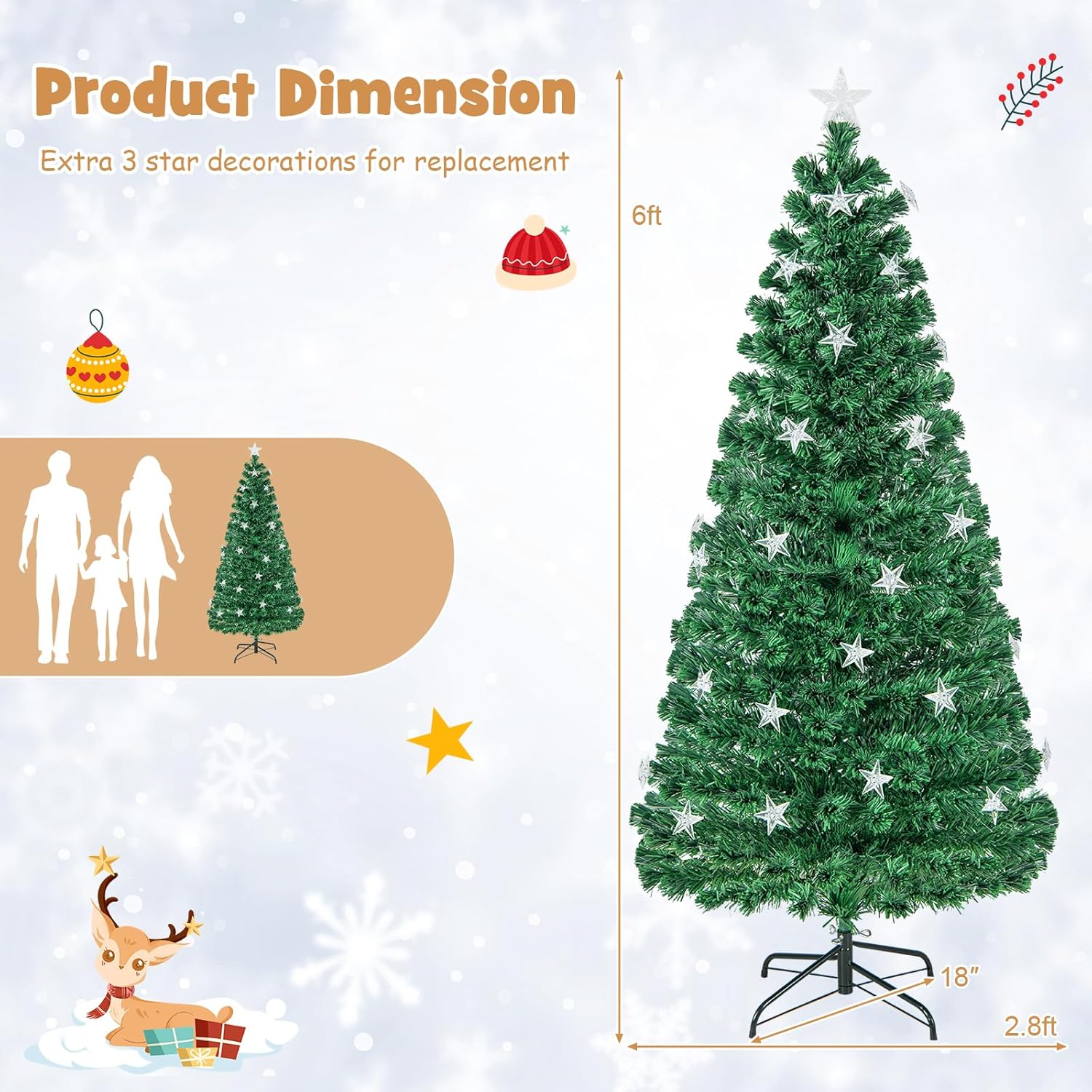 HAPPYGRILL Árbol de Navidad preiluminado de 6 pies, árbol de Navidad artificial con 230 puntas de rama, 30 luces de estrella blancas cálidas, fibra