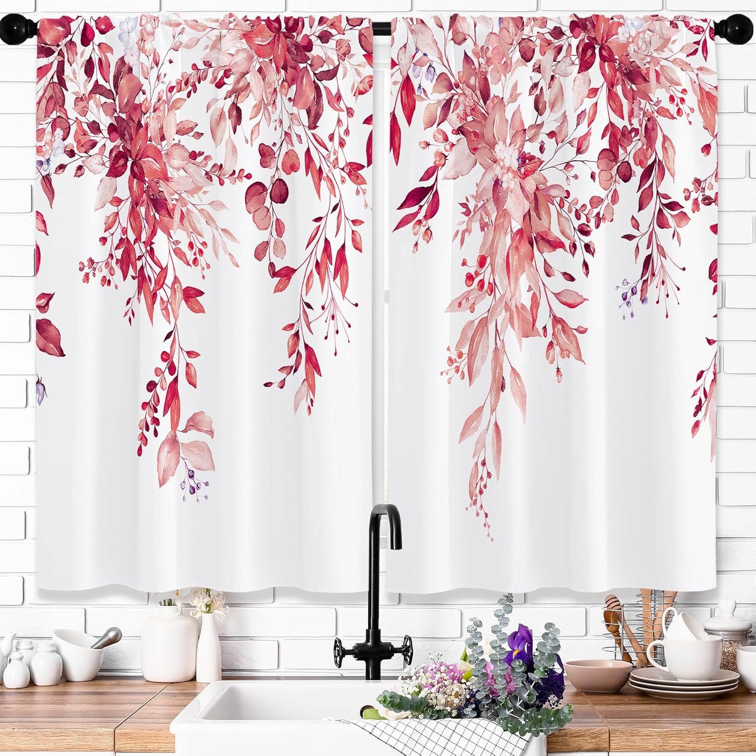 Cortinas de cocina con hojas de eucalipto burdeos, cortinas rústicas de primavera botánica, cortinas de plantas rústicas florales de granja,