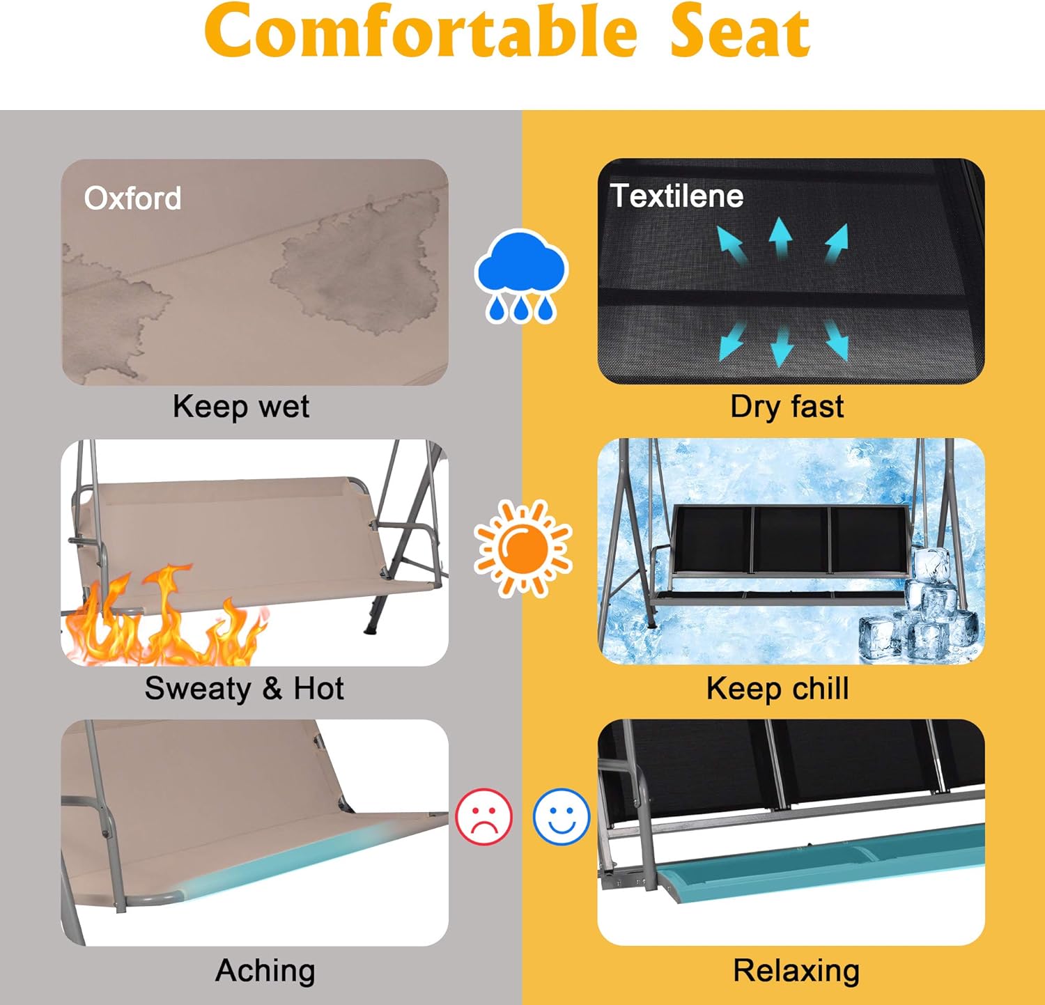 Columpio de patio para 3 personas con toldo convertible, marco resistente a la intemperie y asiento transpirable, cómodo banco de columpio al aire