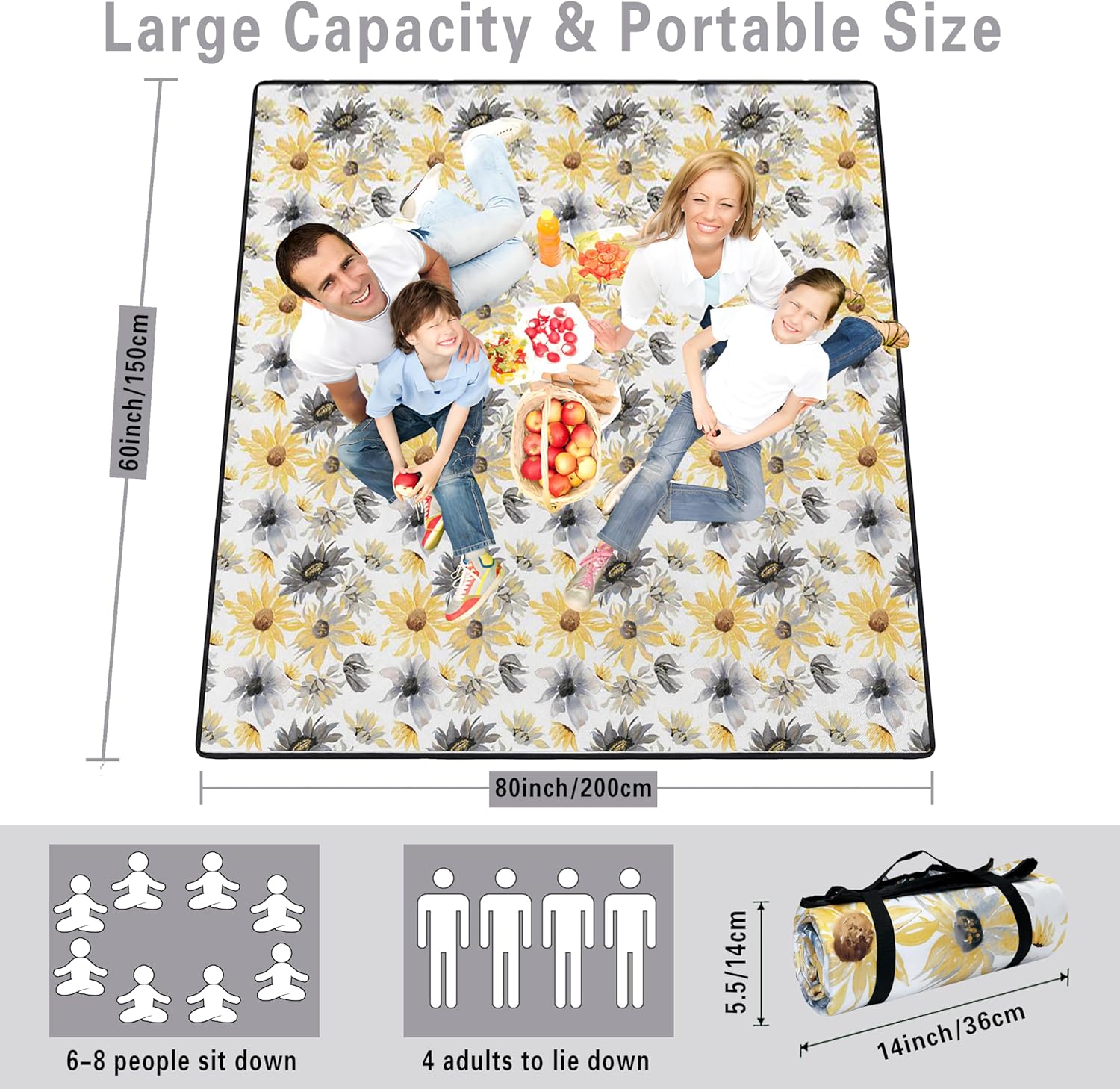 Manta de picnic extra grande impermeable plegable (60 x 80 pulgadas), manta de playa impermeable a prueba de arena, 3 capas para el aire libre,