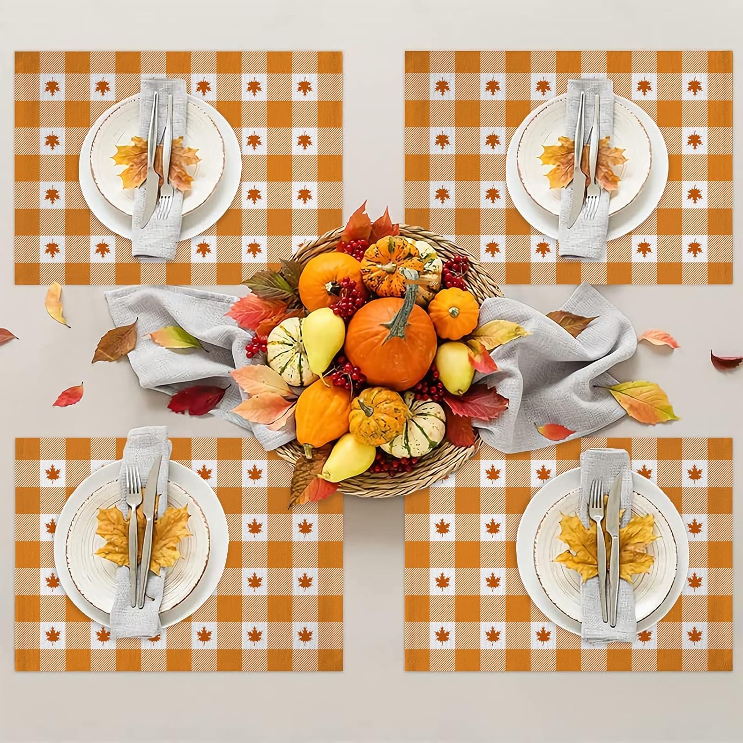 Juego de 6 manteles individuales de otoño para el día de Acción de Gracias, hojas de arce, color naranja y blanco, a cuadros, resistentes al calor,