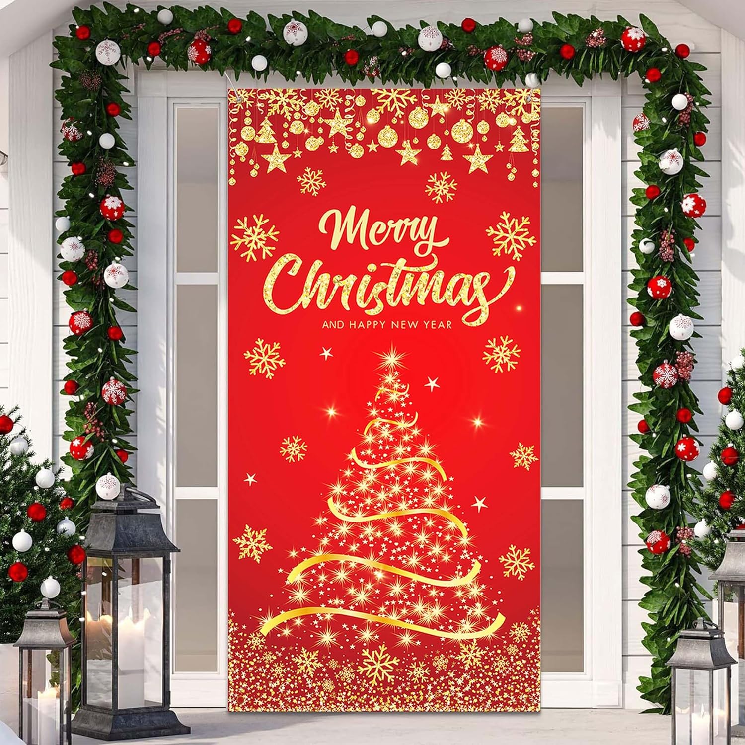 Cubierta de puerta de Navidad dorada para árbol de Navidad, pancarta con purpurina de copo de nieve, cubierta de puerta, fondo de fotografía para