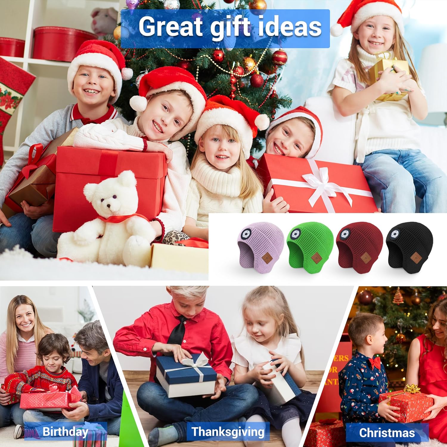 Gorro Bluetooth con luz LED para niños, micrófono integrado y altavoces estéreo, gorro de punto con música recargable por USB (negro, niño)